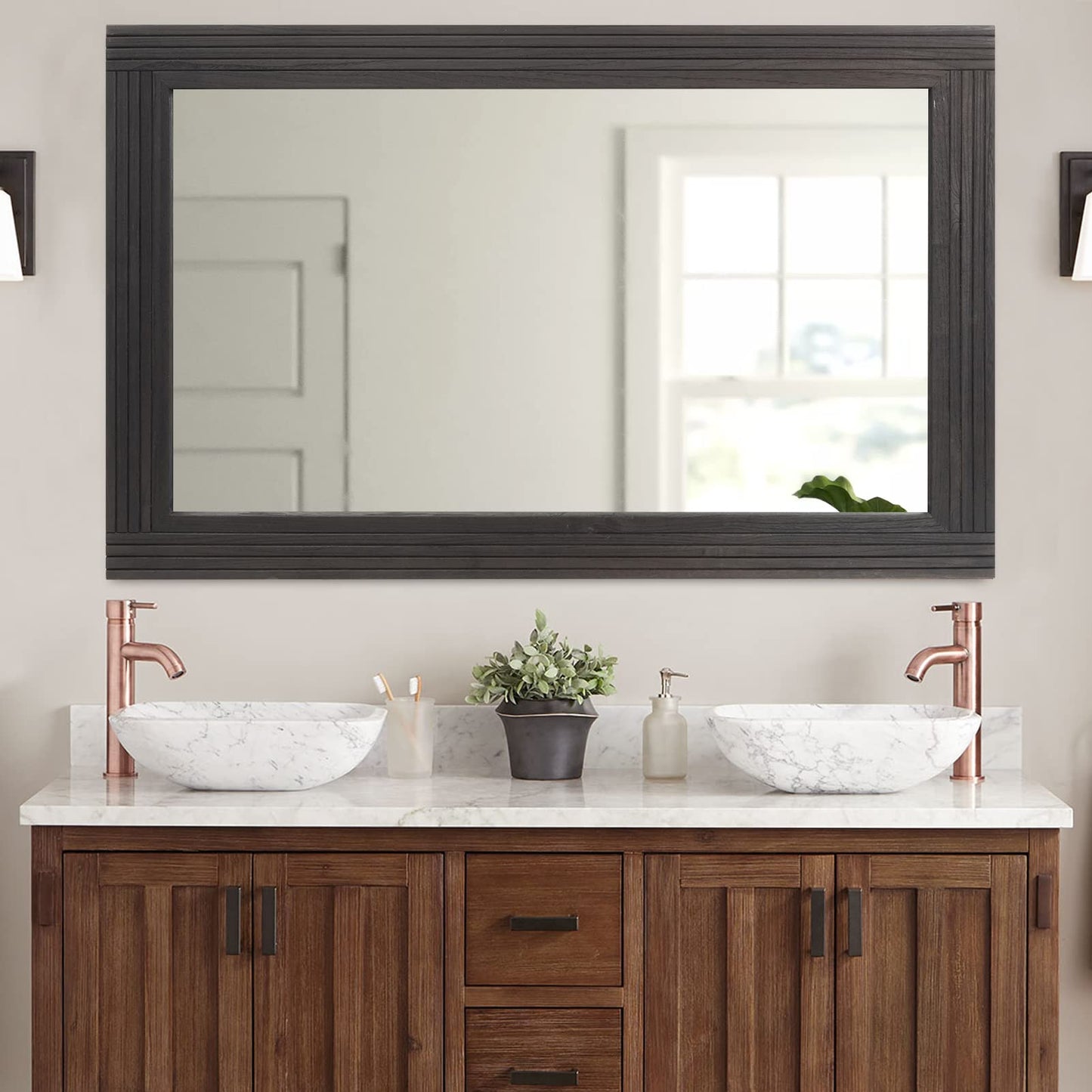 YOSHOOT Hand-Made Wooden Spliced Wall Mirror for Bathroom, Rustic Farmhouse Vanity Mirror, Décor Wall Art, Solid Wood Frame, Vertical or Horizontal Hanging