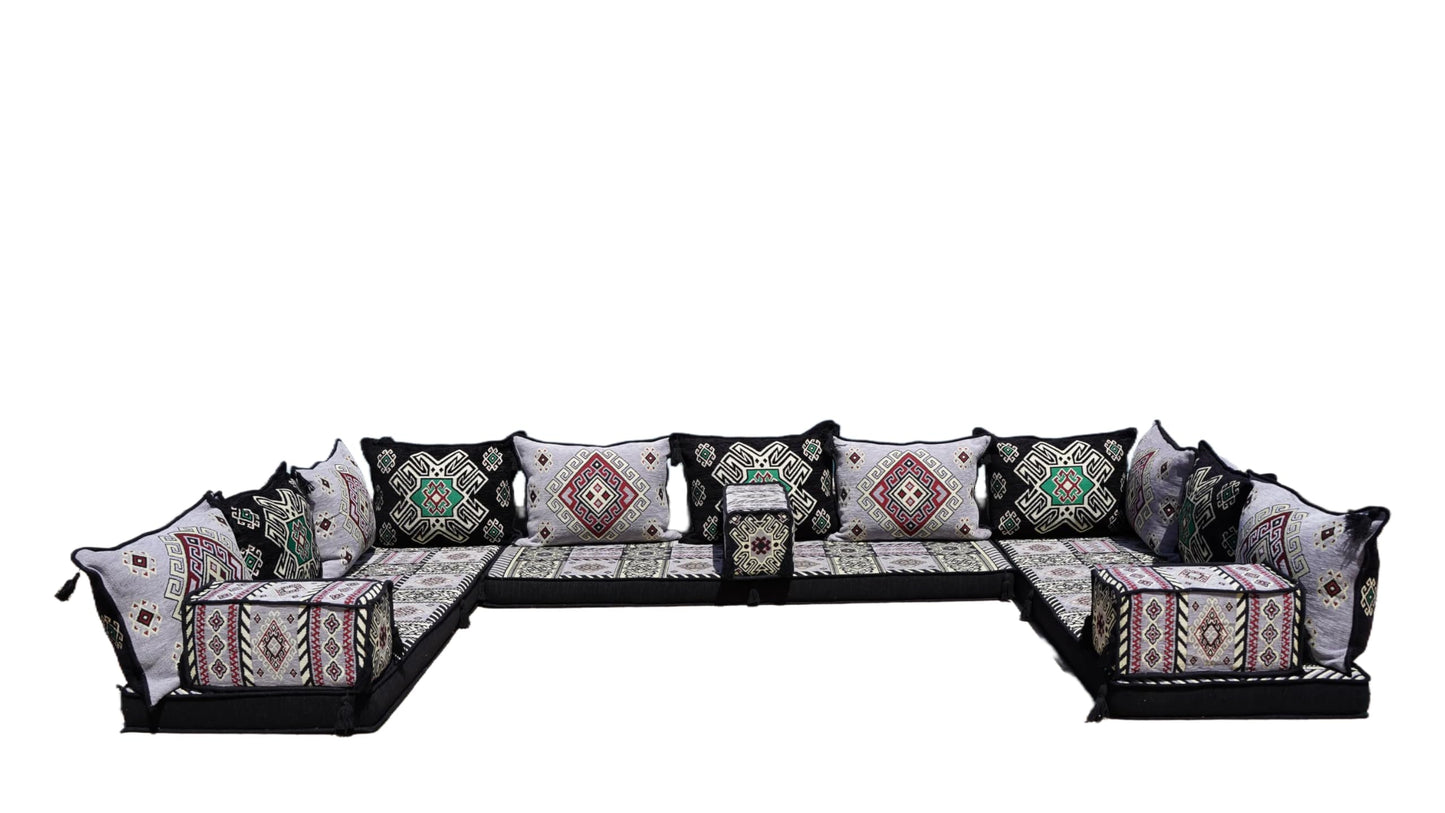 arabicsofa Handmade Gray U Shaped Arabic Sofa Set – Traditional Floor Seating – Oriental Boho Style Cushions
