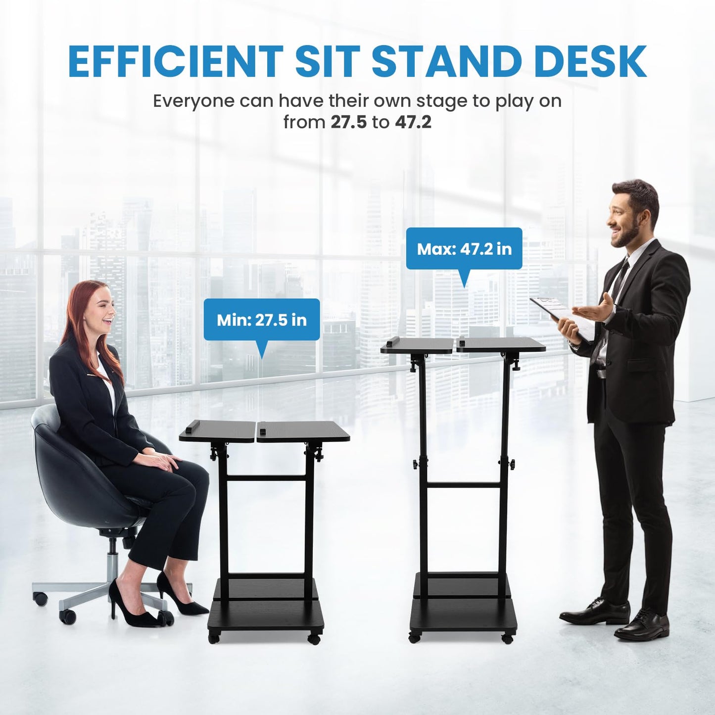 Computer Cart 23.6 Inch - No Assembly Sit-Stand Desk, Height Angle Adjustable Rolling Laptop Desk, Space-Saving Portable Desk with Wheels for Home Office Craft & Study, Black