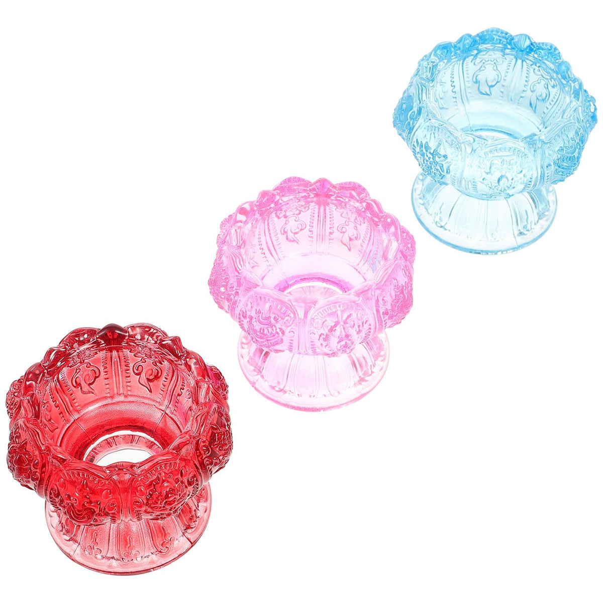 POPETPOP Butter Lamp Candleholder Set, 3pcs Small Blue Red Pink Glass Crystal High Base Candle Holders for Buddhist Rituals and Home Décor Desktop Adornment