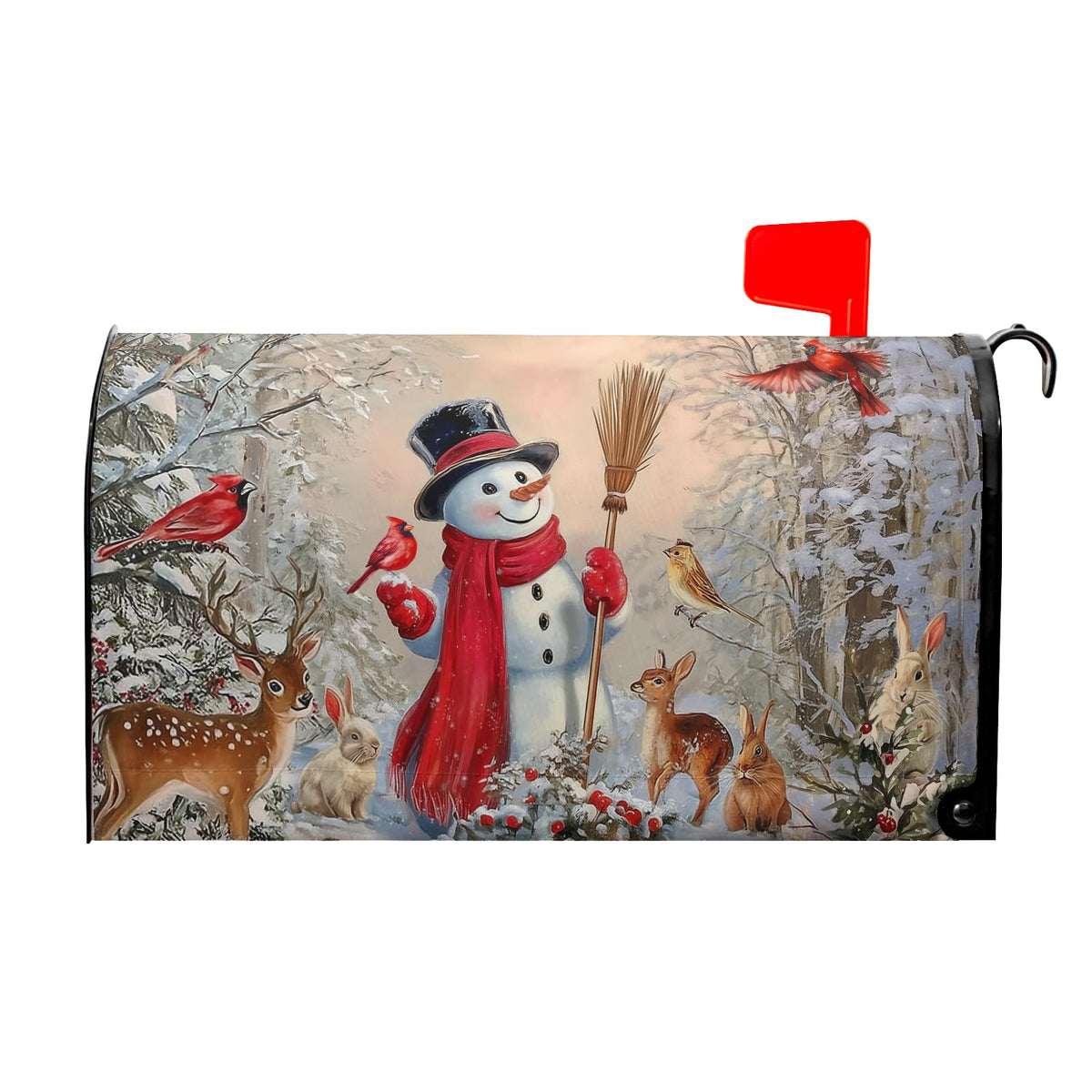 Sweetshow Winter Snowman Mailbox Covers Magnetic Standard Size 18" X 21",Red Cardinal Bird Cute Deer Rabbit Snowflake Mailbox Wraps Post Letter Box Cover for Holiday Garden Yard Decor