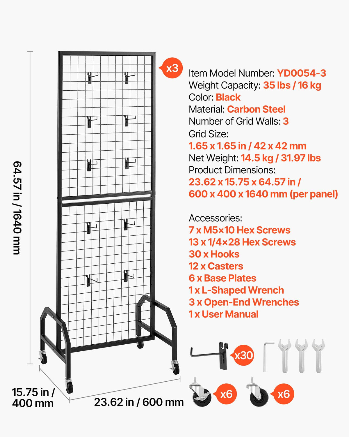 VEVOR 3 Packs Grid Wall Panels, 1.9 x 5.4 ft Wire Grid Panels Display Rack, Movable Art Display Shelf with Wheels and 30 Hooks, Black Carbon Steel Gridwall for Craft Show, Decor, Storage, Notice Board