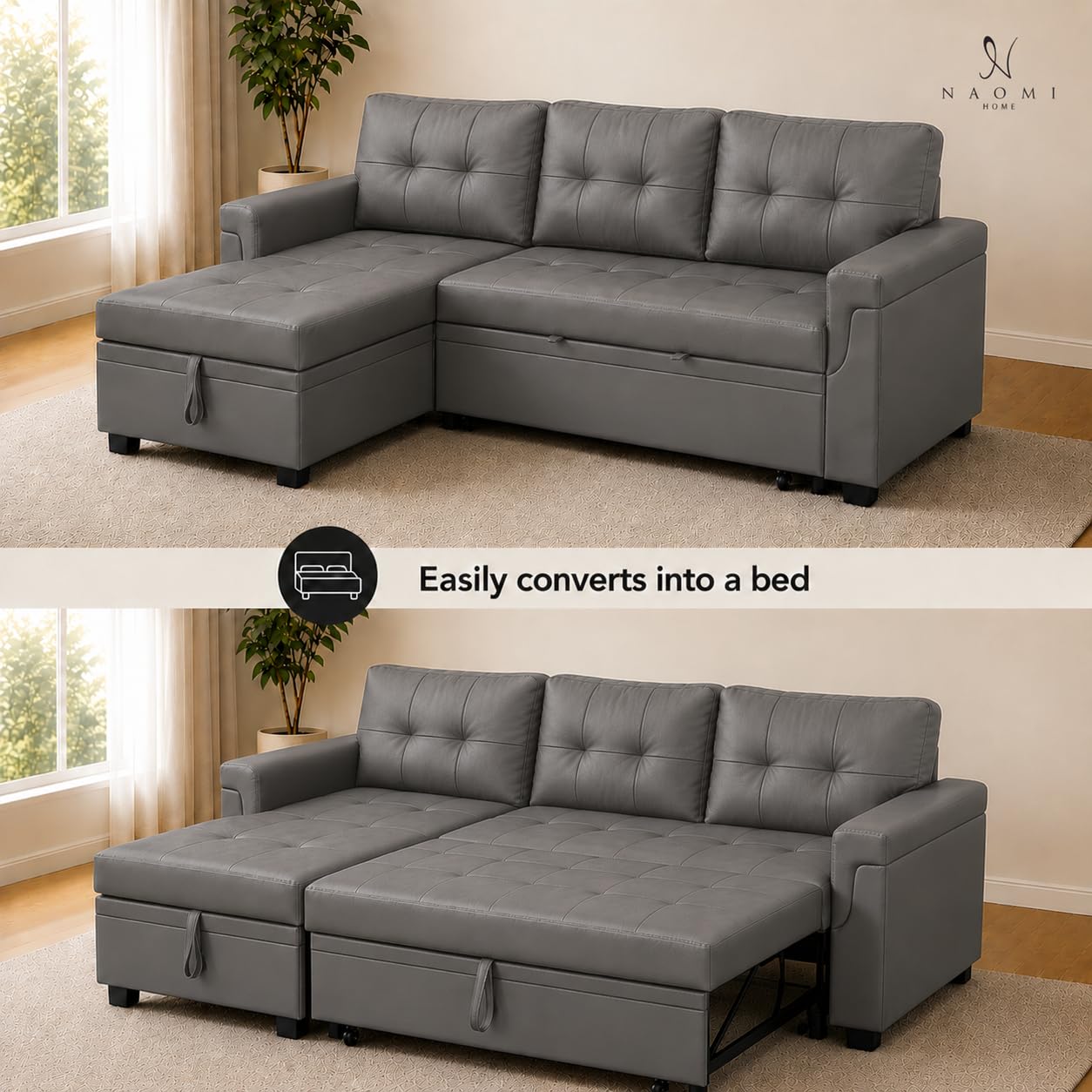Naomi Home L Shaped Sectional Couch with Storage & Pull Out Bed – 3-in-1 Convertible Sleeper Sofa Bed, Small L Shape Sofa for Living Room, Sofa Bed with Storage Chaise in Gray, Air Leather
