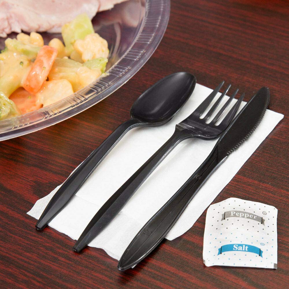 250 Disposable Cutlery Packets - Knife, Fork, Spoon, Napkin, Salt, Pepper Sets | Black & Silver Plastic Sets, Individually Wrapped Cutlery Kits