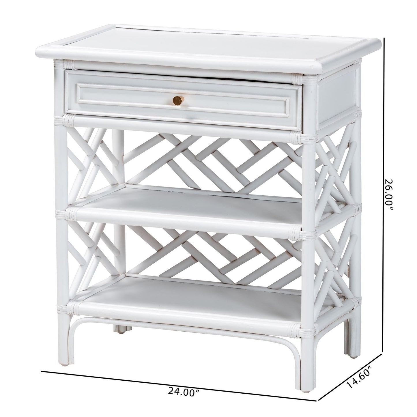 bali & pari Tiaret Natural Rattan Nightstand with Drawer and Shelves – Chippendale-Style Bedside Table for Bedroom or Coastal Living Spaces, White, 1-Drawer, 24-inch Wide