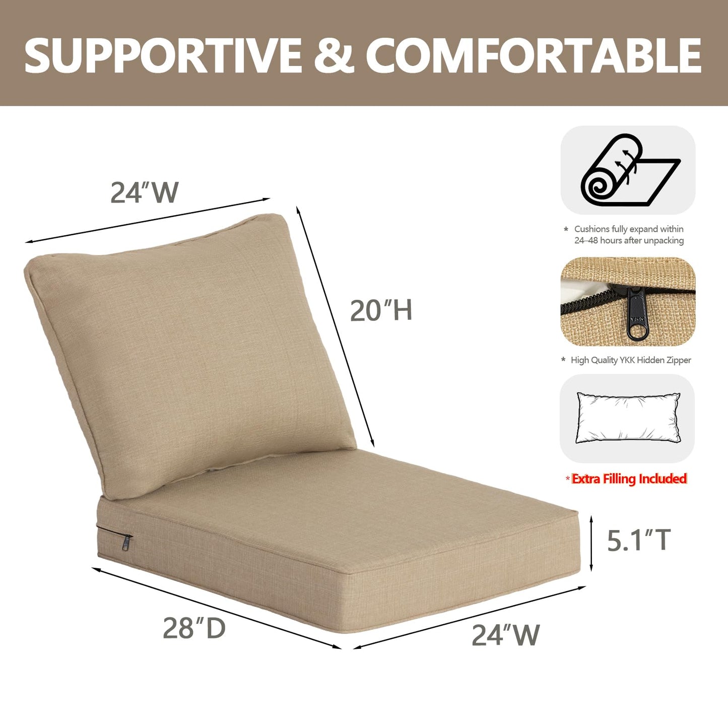 Goodgoods 24 x 28 Outdoor Patio Deep Seat Cushions 2-Pack, 1000+ Hours Fade-Resistant & Water-Resistant Outdoor Furniture Chair Cushions with 30D High-Resilience Foam for Sofa Chair, Toffee