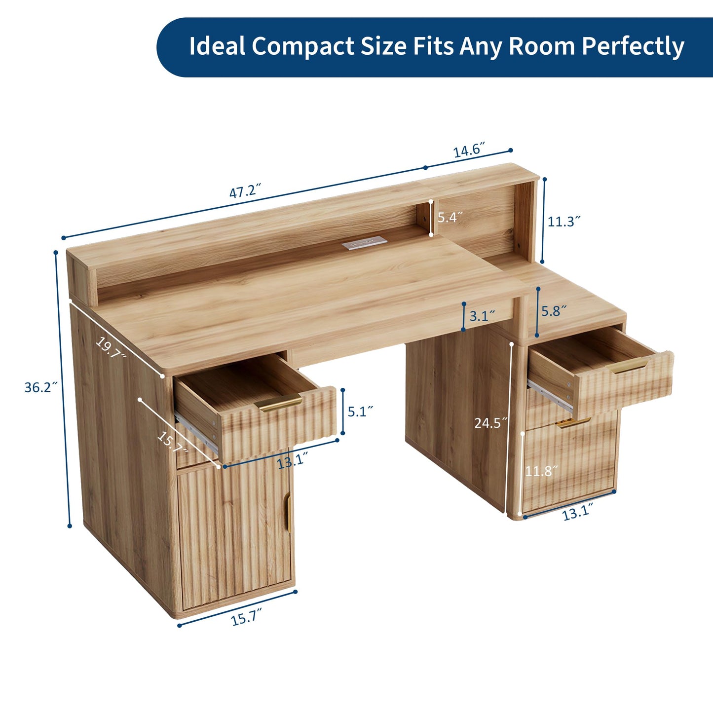 Doppeltcharms Computer Desk with Drawers and Printer Cabinet, Fluted Door Storage Home Office Desk, Space-Saving Study Writing Table with Cabinet for Bedroom and Small Spaces, Nature