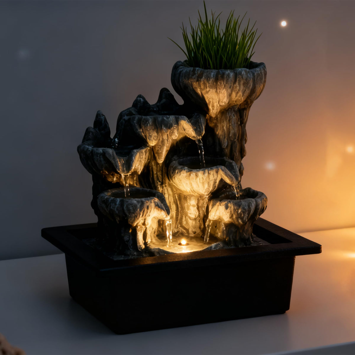 BIASUNS Indoor Cave Rock Waterfall Fountain with Warm Light,Tabletop Fountain with Planter Niche, Zen Water Feature for Home Office Desk Decor