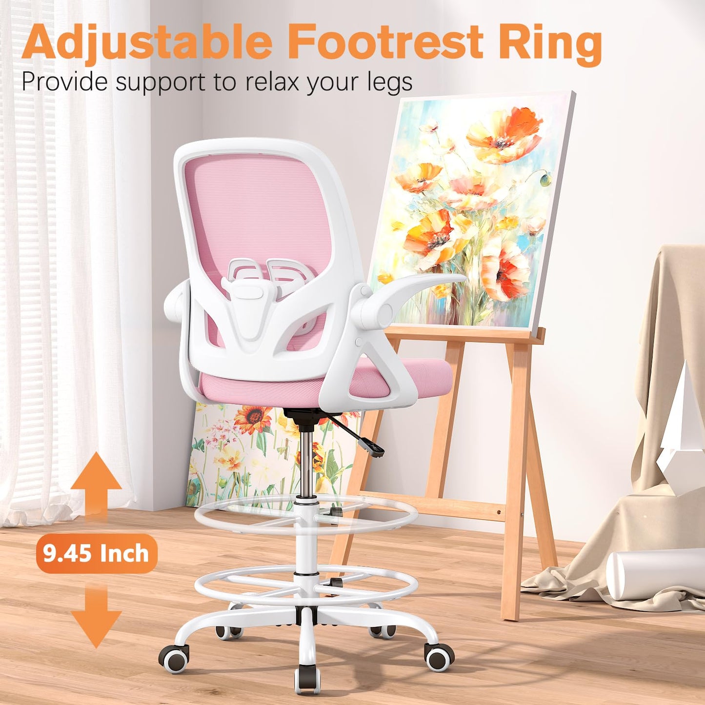 ORRSAKER Drafting Chair, Tall Office Chair with Flip-up Arms, Mesh Ergonomic Computer Standing Desk Chair with Adjustable Height Foot Ring and Lumbar Support, 300 LBS Capacity, Pink