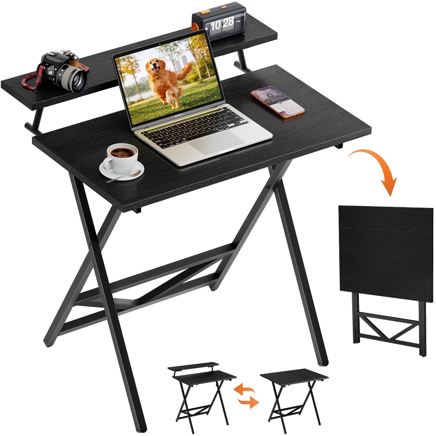 WOHOMO Folding Computer Desk with Adjustable Height, 23.6" x 31.5" x 25.6" Foldable Table with Monitor Stand, Small Office Desk for Bedroom, Space Saving Desk for Home Office, Easy Assemble, Black