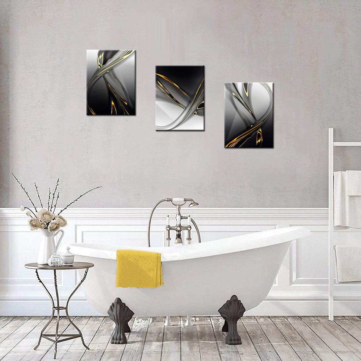 Biuteawal 3 Piece Canvas Print Gold Modern Abstract Wall Art Decor Black and White Artwork Canvas Painting Prints Pictures Home Office Living Room Bedroom Decoration Gallery Wrap Ready to Hang