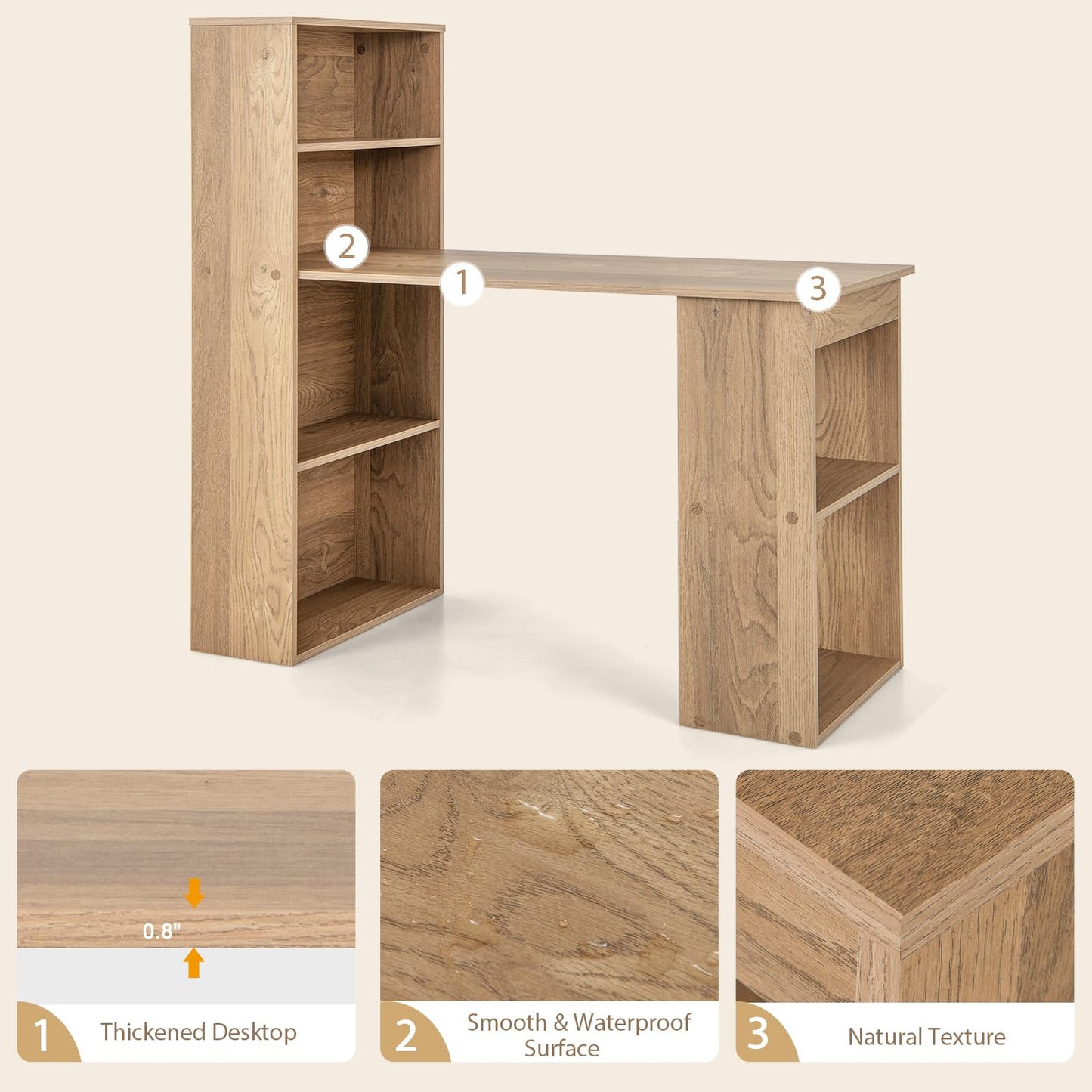Tangkula Computer Desk with Bookshelf, Writing Study Desk with Storage Shelves & CPU Stand, Modern Compact Computer Workstation for Home & Office, Space-Saving Design(Natural)