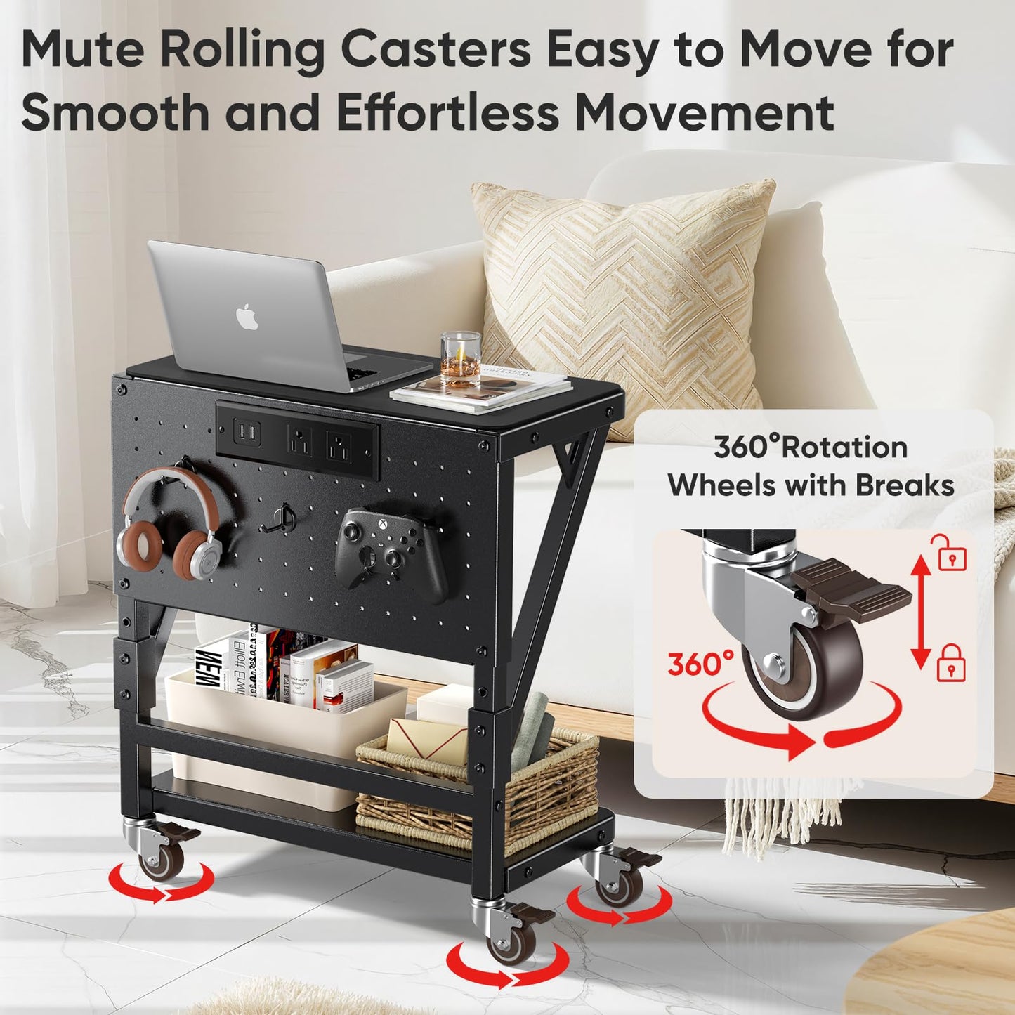 POKIPO Computer Tower Stand with Charge Station and USB Port,Pc CPU Holder Cart for Floor Carpet with Wheels,Heavy Duty Metal,Adjustable Height,Rolling Pc Printer Desktop Under Desk for Home Office