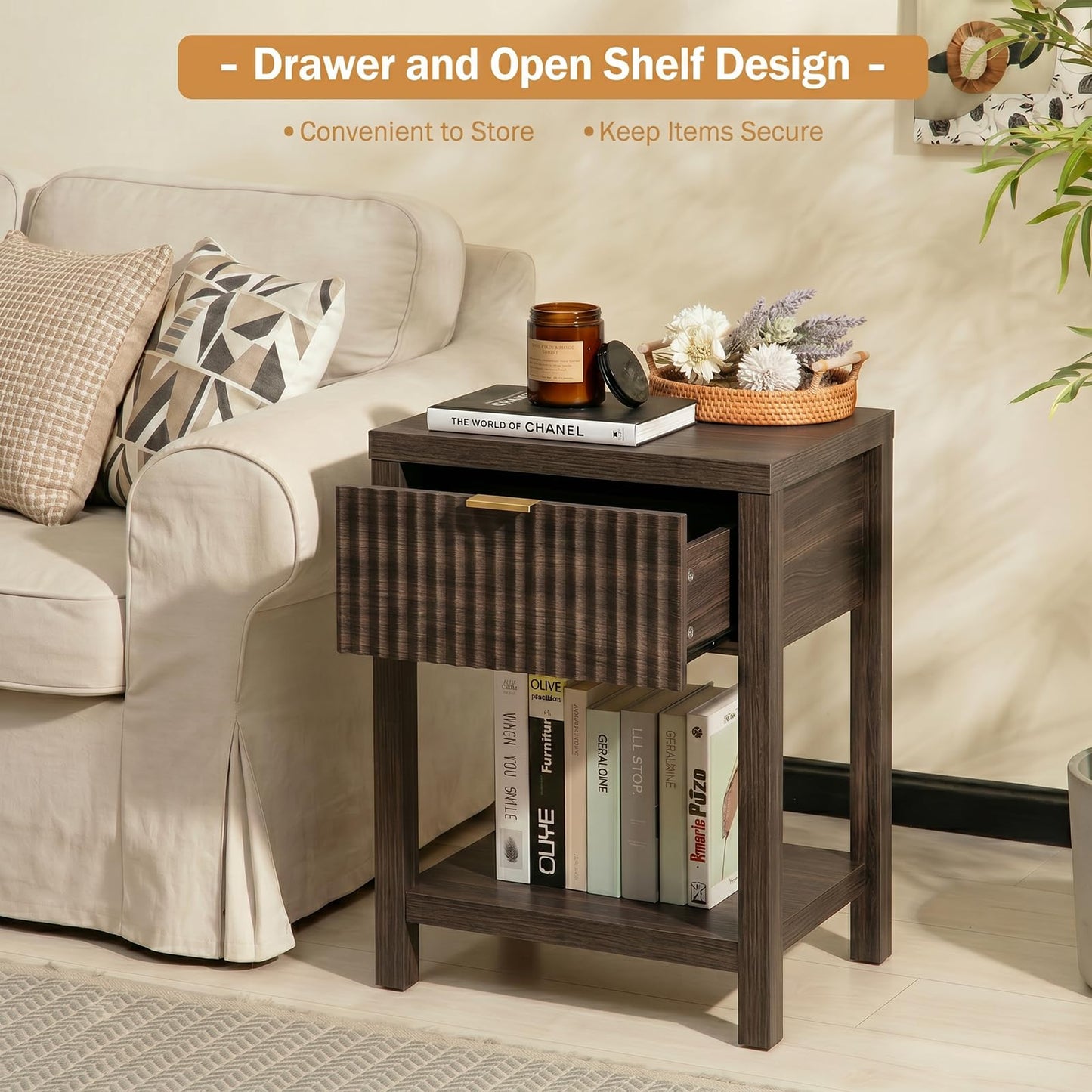 TROJM Fluted Night Stand with Golden Handle,Mid-Century Nightstands with Drawer,Modern Bedside Table with Storage Shelf,Large End Tables for Livingroom,Bed Side Tables for Bedroom,Walnut