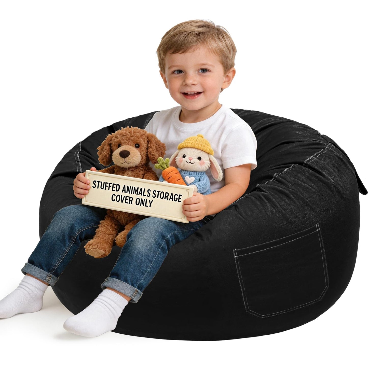 Lukeight Stuffed Animals Storage Bean Bag Chair Cover for Kids and Toddlers, Cozy Velvet Plush Toy Organizer Seat, Cover Only, No Filling Included, Long YKK Zipper, Side Pocket, Large 27 x 16 in