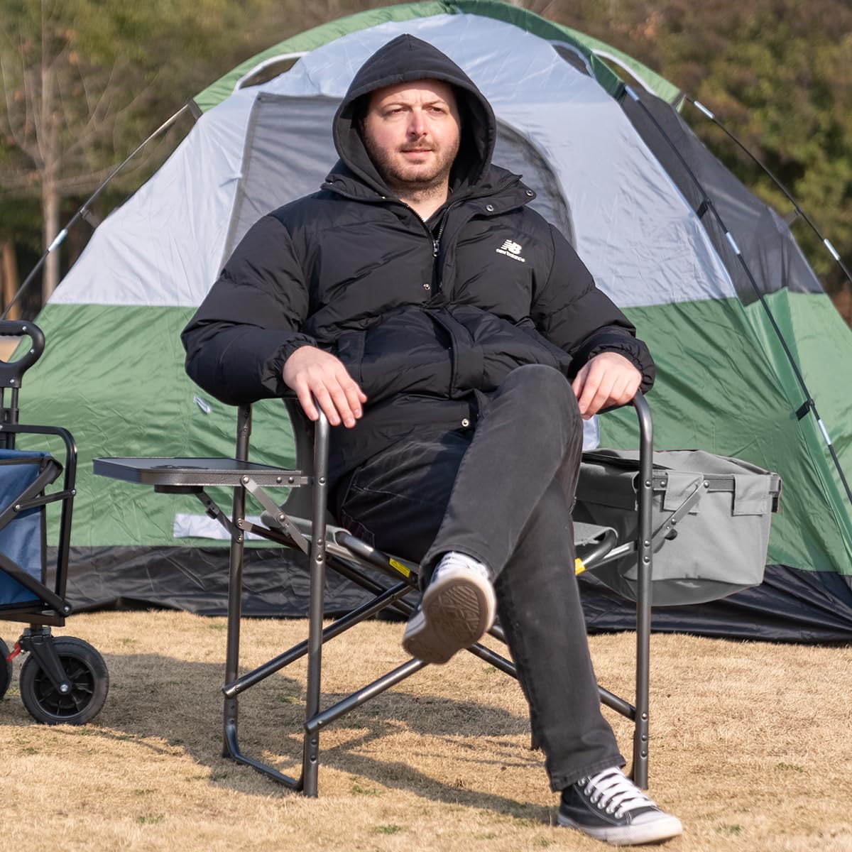Foristrail Director Camping Chair with Cooler Bag & Foldable Side Tray - 400lbs Heavy Duty Outdoor Folding Lawn Chair, Portable Camp Chair for Fishing/Backyard (Black & Gray)
