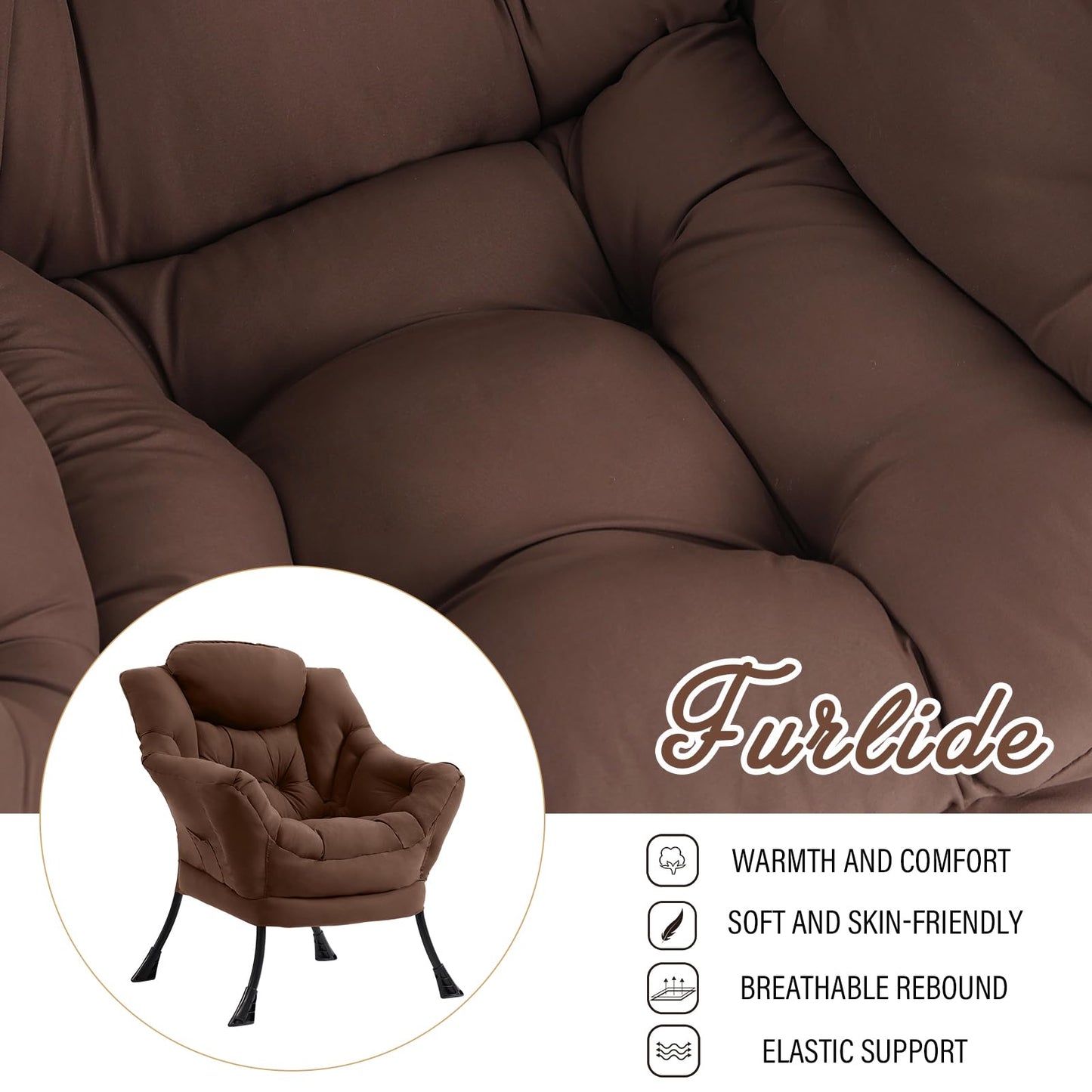 Furlide Lazy Chair for Living Room, Modern Accent Chairs with Armrests, Dark Brown Armchairs with Side Pocket, Cozy Lazy Sofa for Reading, Balcony, Bedroom, Dorm, Small Spaces