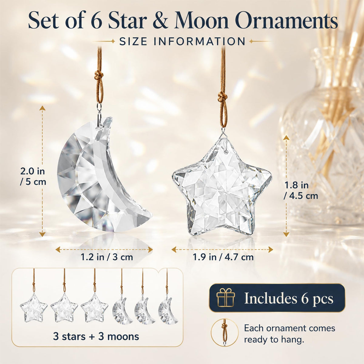 LOULIQIGIFT 6pcs Clear Crystal Star and Half Moon Prisms Ornaments Faceted Glass Hanging Ornaments for Home Garden Window Wedding Party Decor