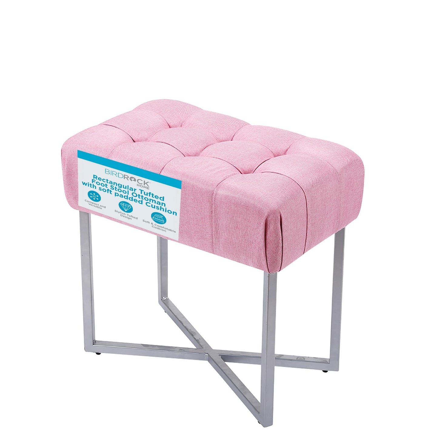 BIRDROCK HOME Rectangle Tufted Linen Ottoman Foot Rest - 19.7x11.82x17.73” Small Foot Stool with Legs - Padded Footrest Modern Ottomans for Living Room Furniture, Bedroom Footstool (Pink)