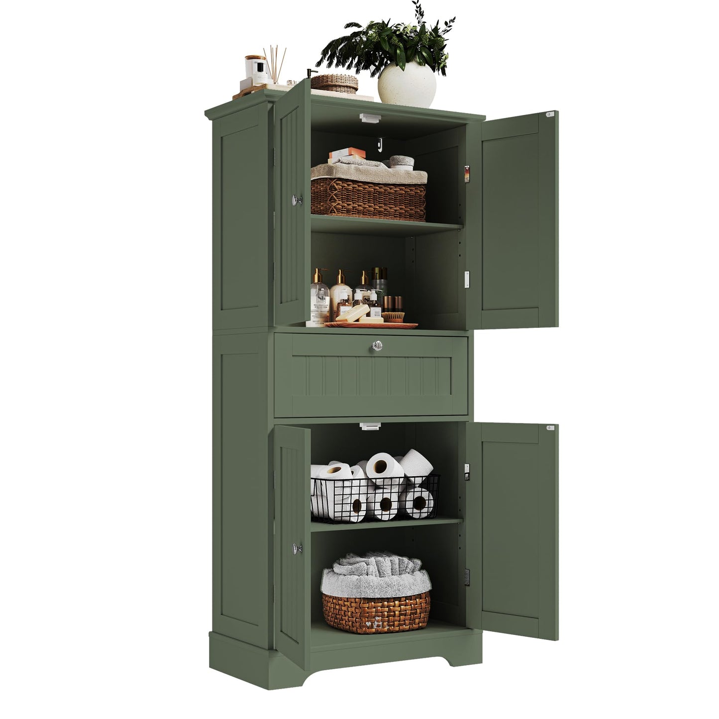 ChooChoo 51" H Tall Bathroom Floor Cabinet, Modern Bathroom Storage Cabinet with Drawer and Adjustable Shelves, Freestanding Kitchen Pantry Cupboard with 4 Doors for Living Room, Green