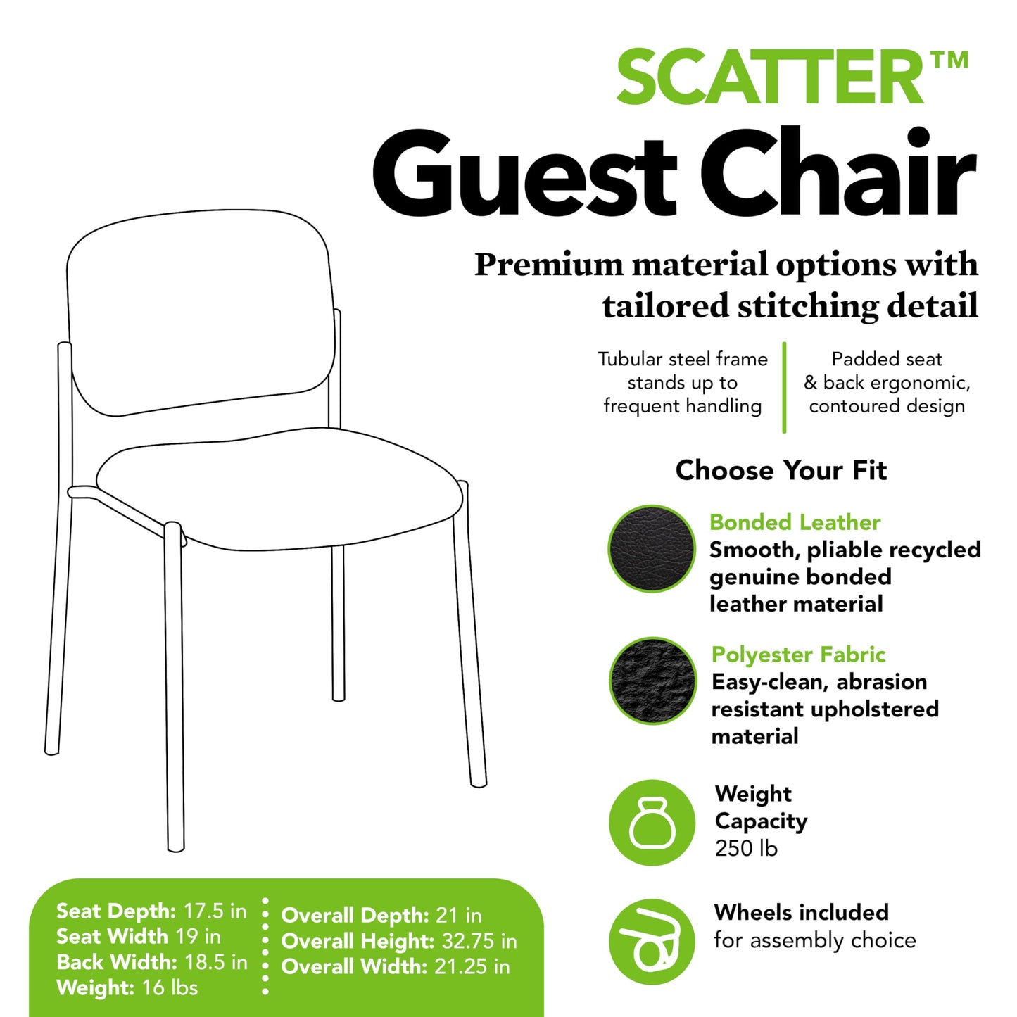 HON Scatter Guest Office Chair, Armless Leather Seating for Waiting Rooms, Lobbies, Conference Areas, and Offices, Stackable Side Chair for Reception and Training Spaces, Black