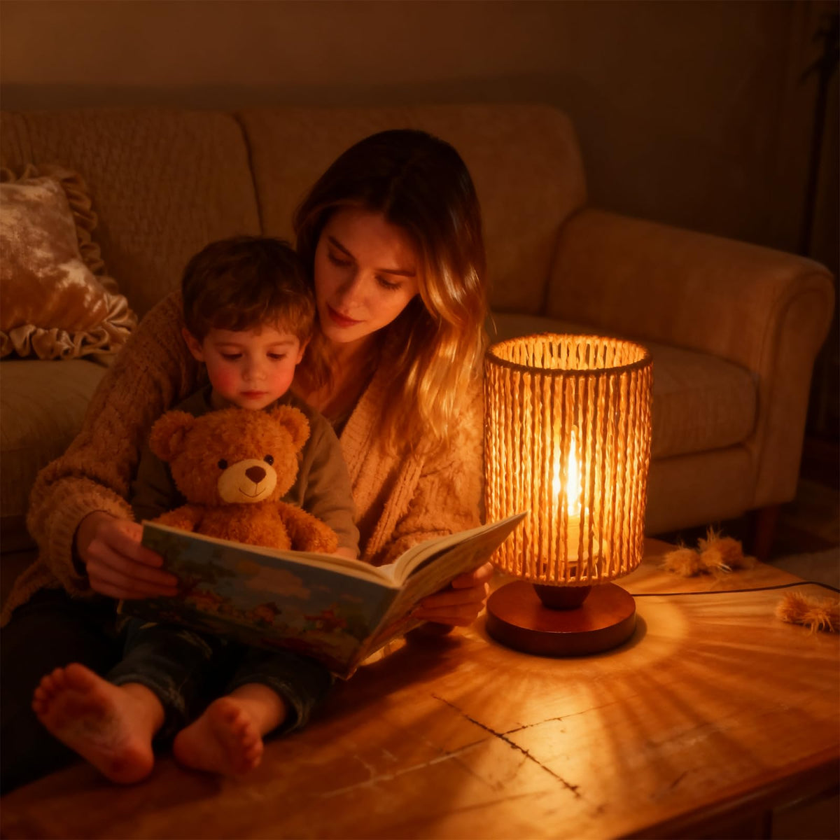 Handmade Rattan Lamp Boho Table Lamp for Bedroom, Small Woven Lamps for Night Stands with Warm White LED Bulb, Coastal Boho Lamp for Living Room Reading Nook Office Desk, 12cm Shade 20cm Height