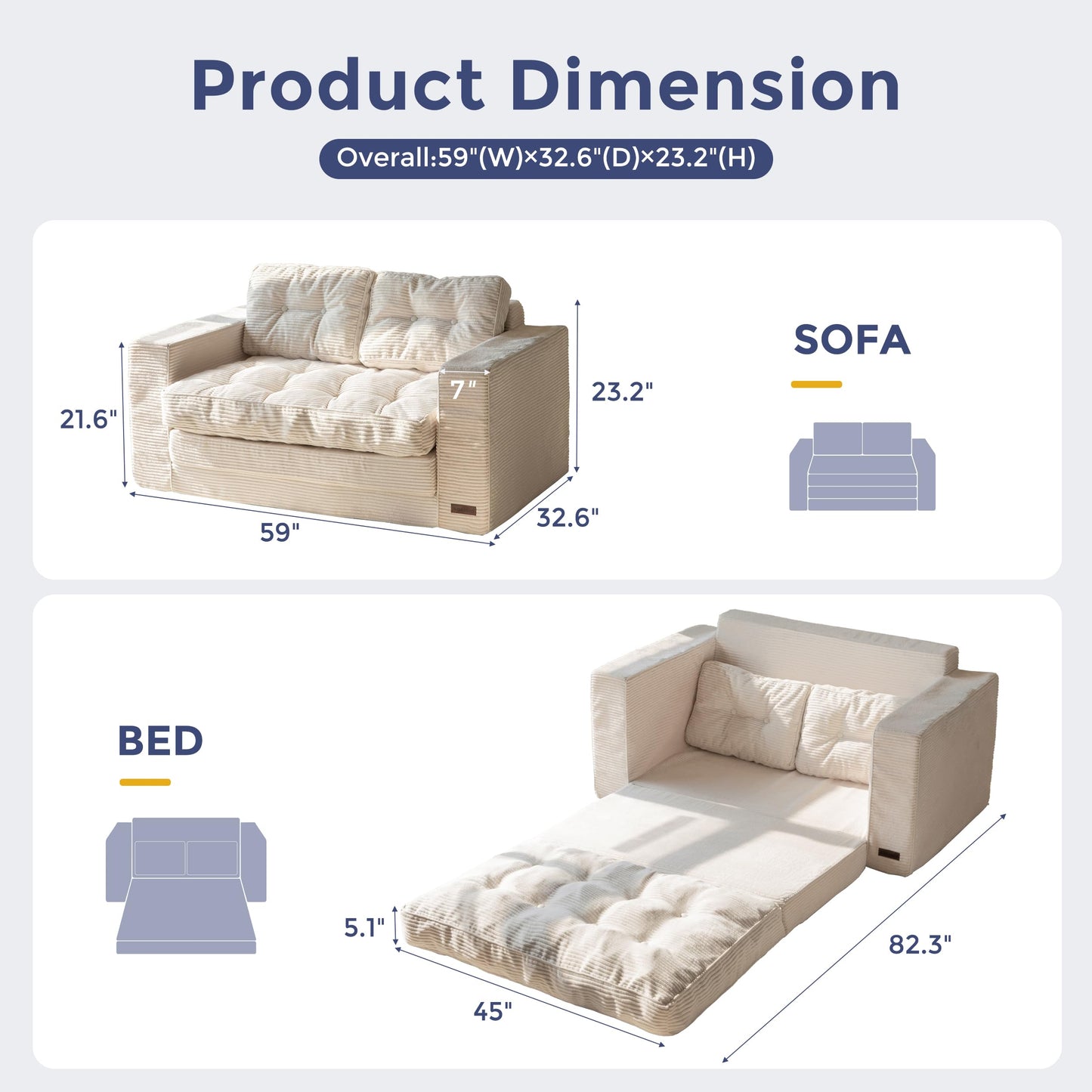 MAXYOYO Convertible Sofa Bed, Pull Out Loveseat Sofa Couch, Fold Out Floor Couch with Pillows for Living Room Bedroom Lounge, Beige