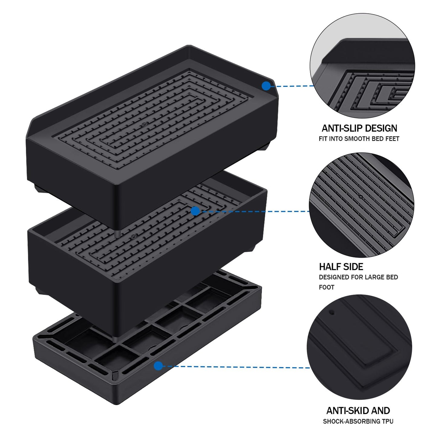 ANNKUT Rectangle Bed Risers, 3 Inch Heavy Duty Adjustable Furniture Risers for Bed Sofa Table and Couch Lift，Support Up to 1,300 Lbs (4 Pack-Black)