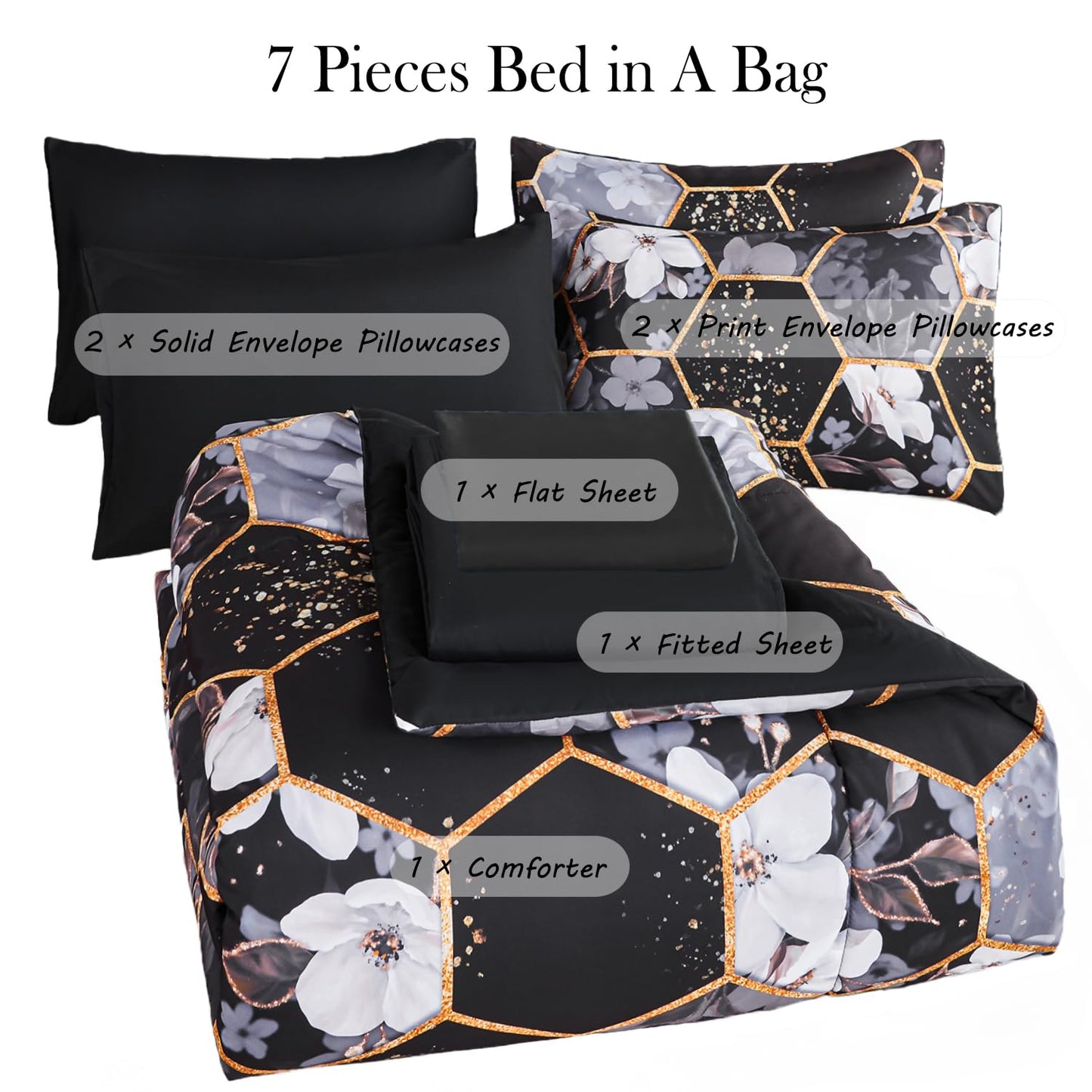 ZRNBAST 7 Pieces King Comforter Sets, Black Geometric Bed in A Bag with Sheets, Floral Print Bedding Sets, Soft Lightweight Microfiber Bed Set for All Season(Black Floral,King)