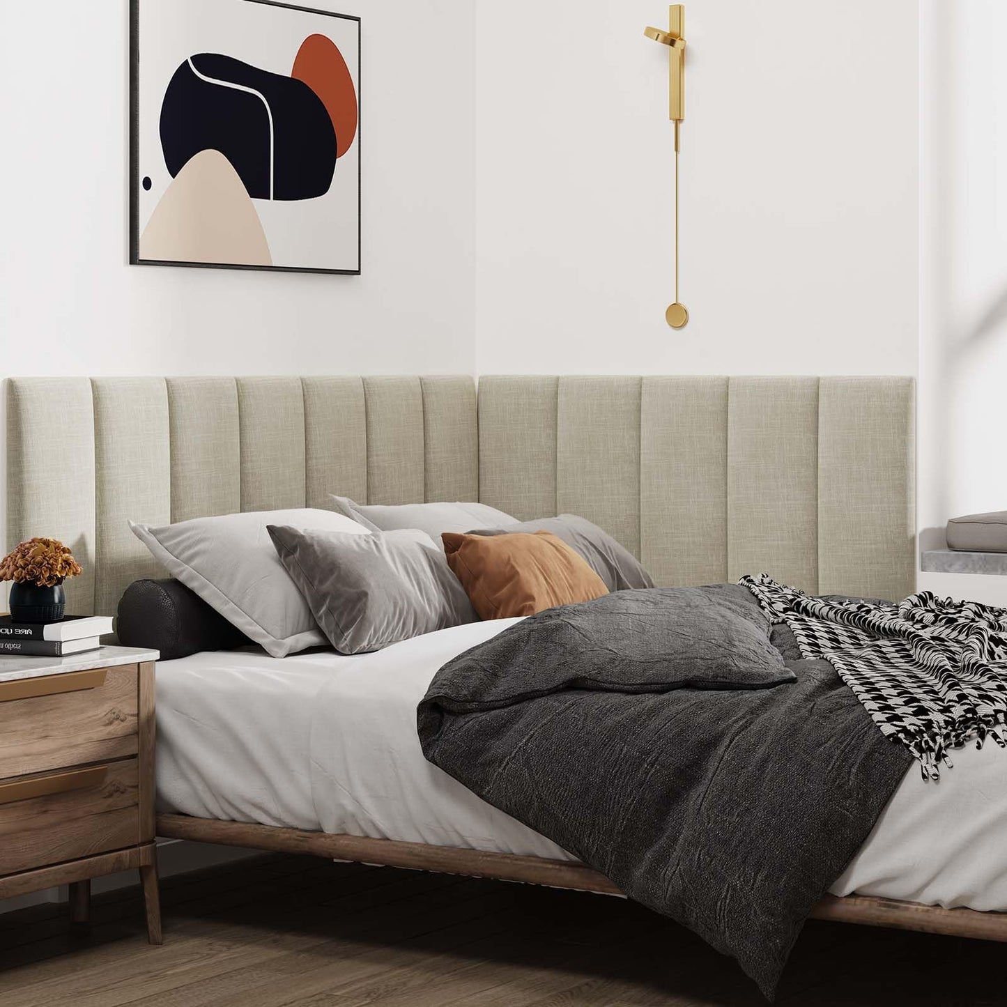 IFNOW Upholstered Wall Mounted Headboard, 3D Soundproof Wall Panels Peel and Stick, Reusable and Removable Tufted Bed Headboard in Beige (12 Panels, 10" x 24")