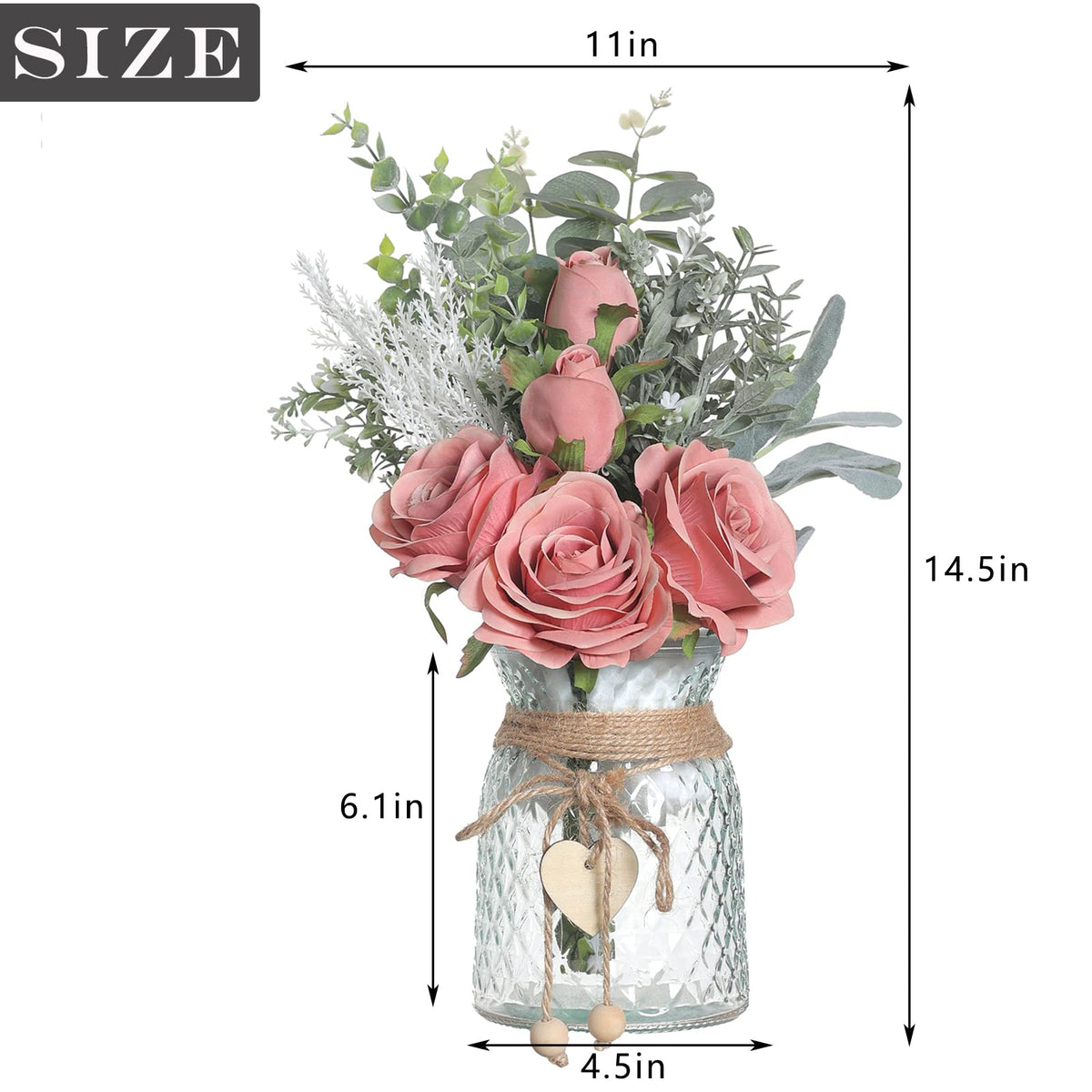 Faux Flowers with Vase,Artificial Silk Roses in Vase, Fake Plant Eucalyptus Flower Arrangement for Home Office Farmhouse Bathroom Dining Table Centerpiece Decorations Coffee Table Decor (Dusty Pink)