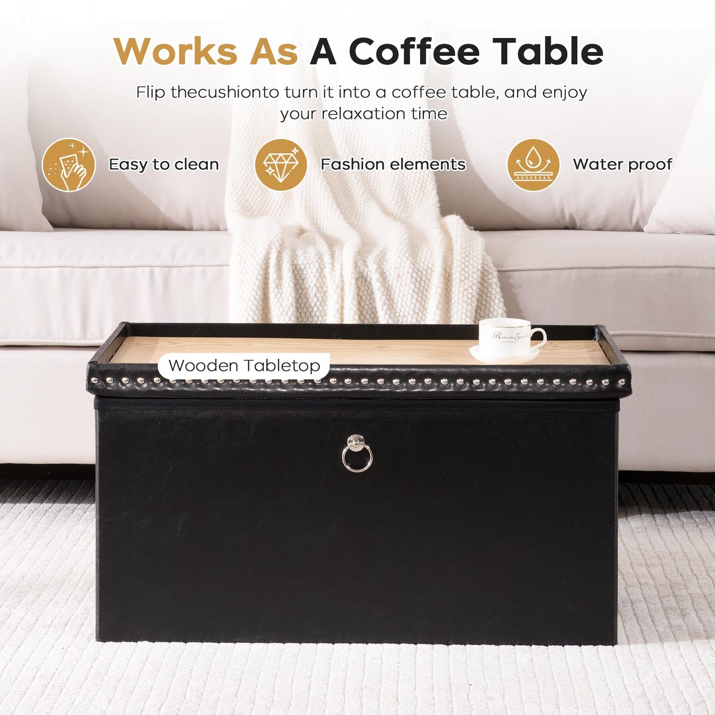 oakvivo Folding Storage Ottoman Bench 30in, Leather Foot Rest Stools Ottoman with Storage, Coffee Table, End of Bed Bench Footstool for Living Room, Bedroom, Load 330 lb, 30x15x15 inches, Black