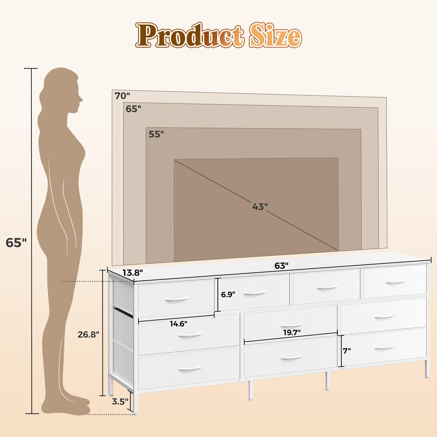Huuger 63 Inch Dresser for Bedroom, Long Dresser with 10 Fabric Drawers, TV Stand for 55, 65, 70 Inch TV, Toy Storage Organizer for Closet, White