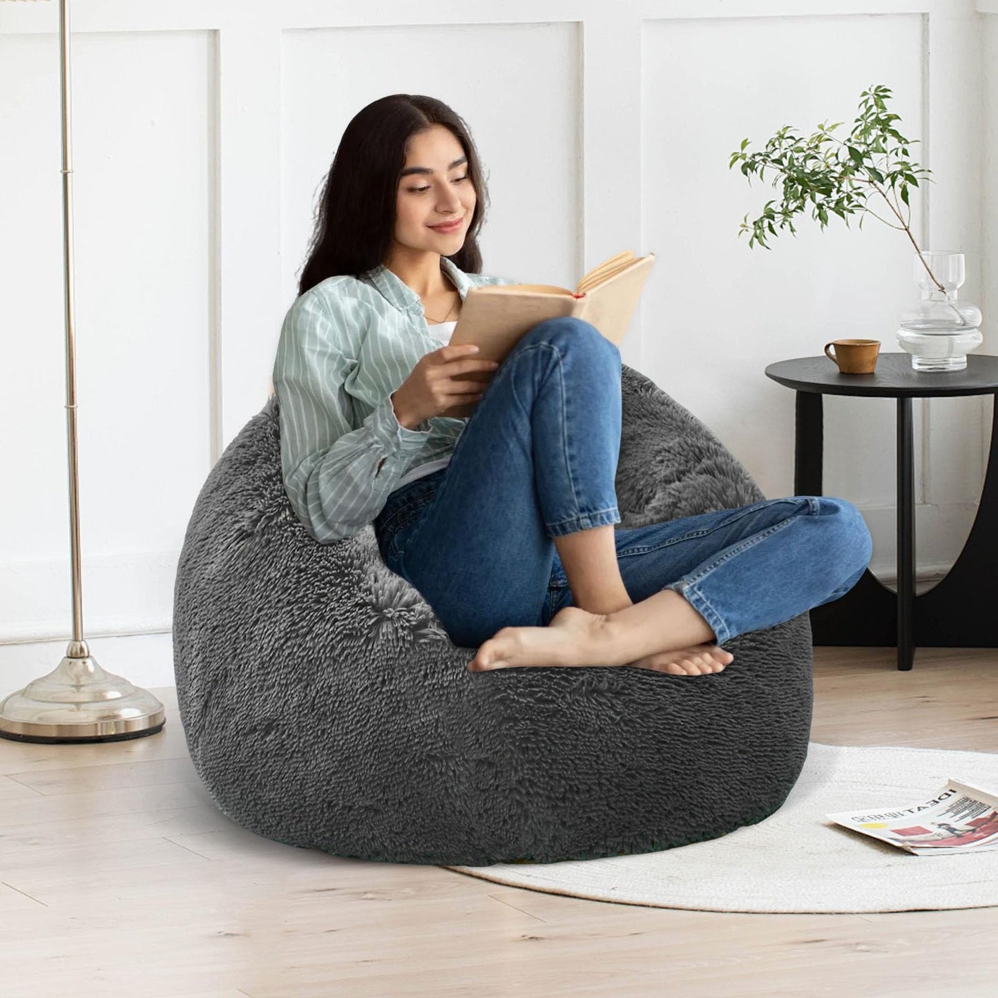 Dark Gray faux fur bean bag chair covers (No Filler), comfy Plush Dark Gray bean bag chair Cover for bedroom, stuffed animal Storage, kids adults teens girls bean bag chairs, Anti-Slip