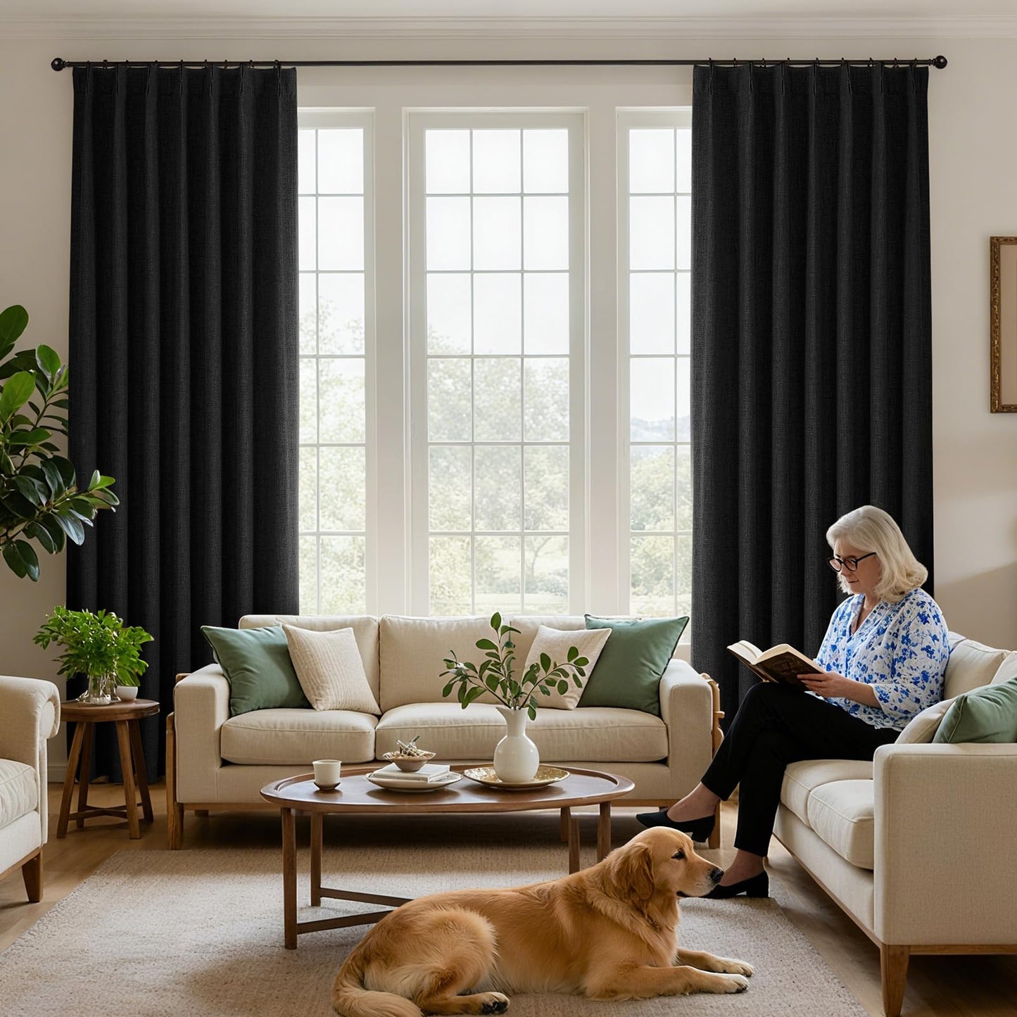 Joydeco Pinch Pleated Curtains - 100% Blackout for Bedroom, Black Linen Curtains 40" W x 90" L, Thermal Insulated 2 Panels Light Blocking Drapes, Back Tabs for Living Room