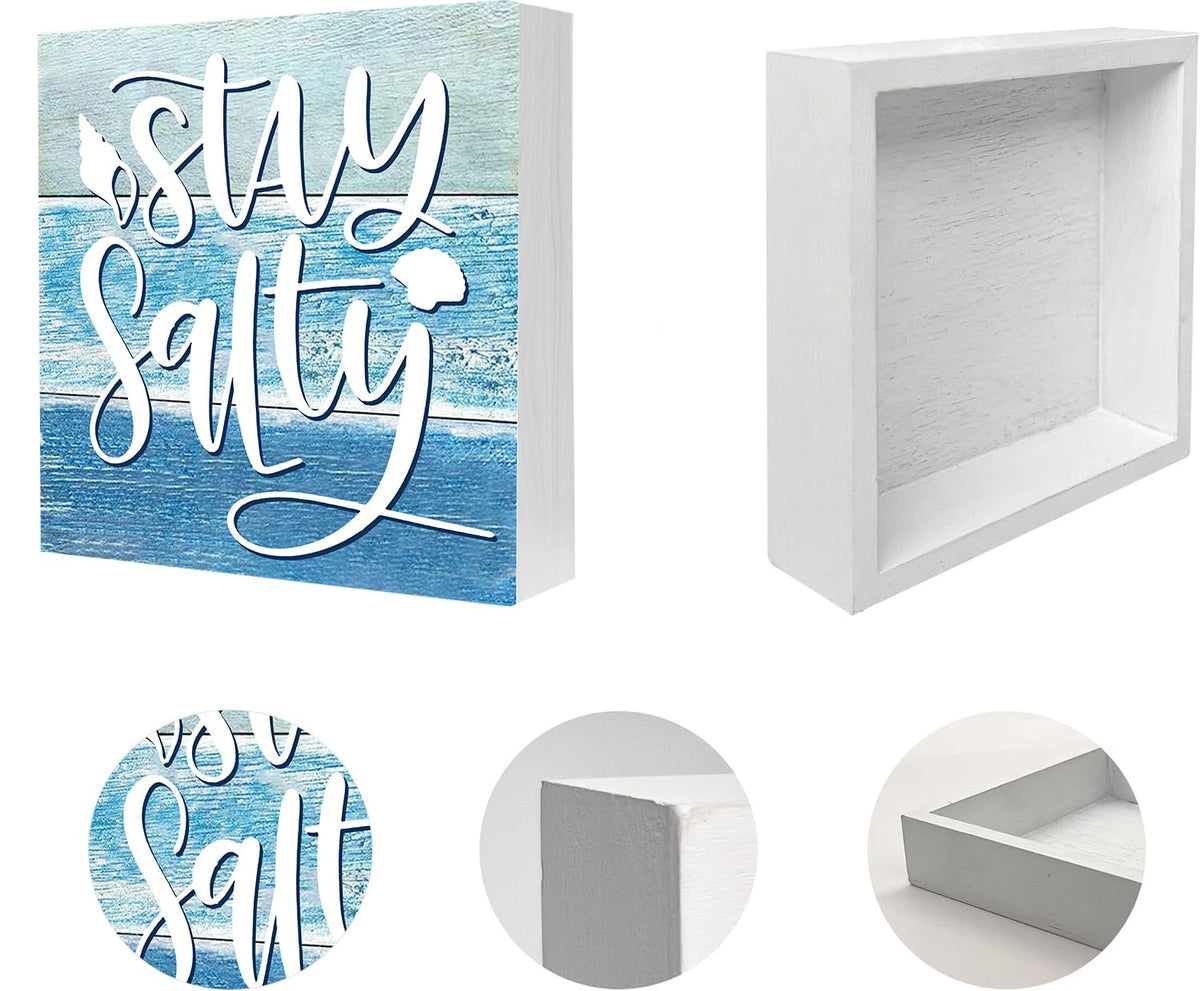 Summer Beach Decorations for Home, Starfish Theme House Room Bedroom Bathroom Decor Classroom, Wood Box Sign 5 X 5 Inch (Stay Salty Sign)
