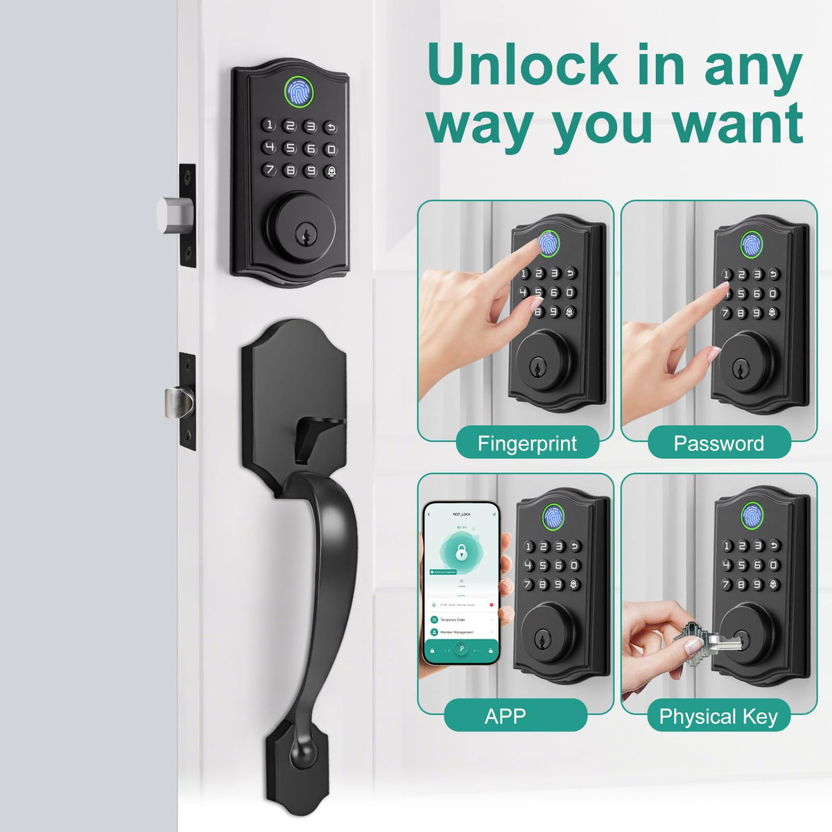 REETOMETAL Smart Front Door Lockset, Keyless Entry Deadbolt with Handle, Fingerprint/App/Code/Key Unlock, Anti-Peeping Keypad, Auto-Lock, Easy Install