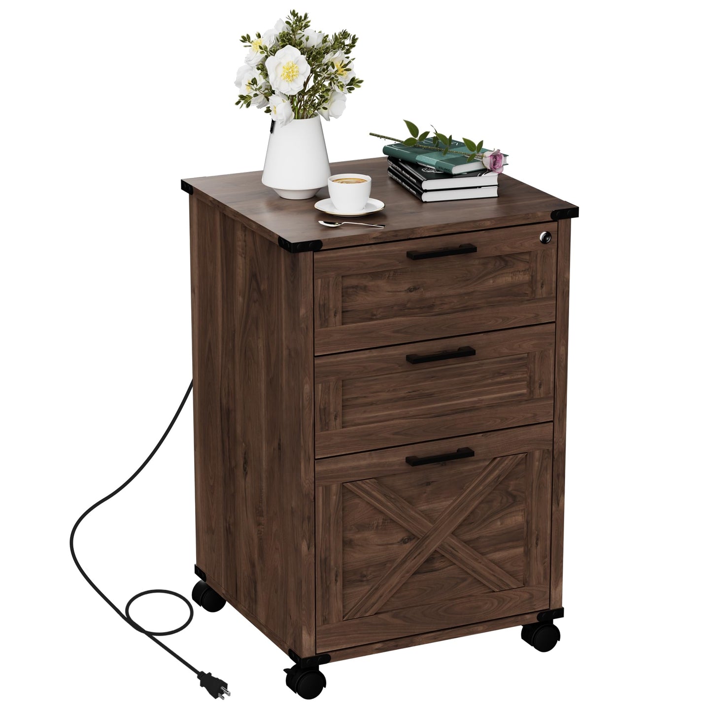 Onelike Small Wood File Cabinet with Lock, Nightstand with Charging Station, 3 Drawer Under Desk Lateral Filing Cabinets for Home Office, Printer Stand with Storage, Brown