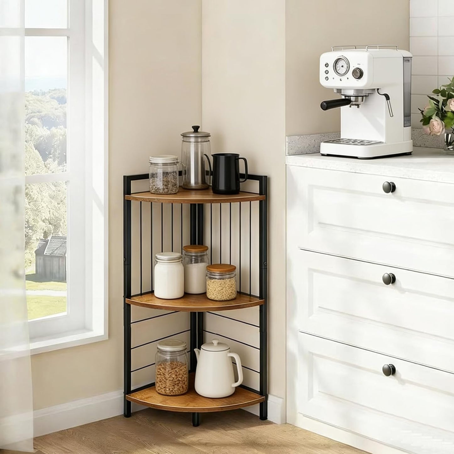 Fnaumdol Corner Shelf Stand 27.9" H, 3 Tier Corner Display Shelving Unit with Sturdy Metal Frame Multipurpose Corner Bookshelf for Small Spaces Bathroom, Kitchen, Bedroom, Living Room