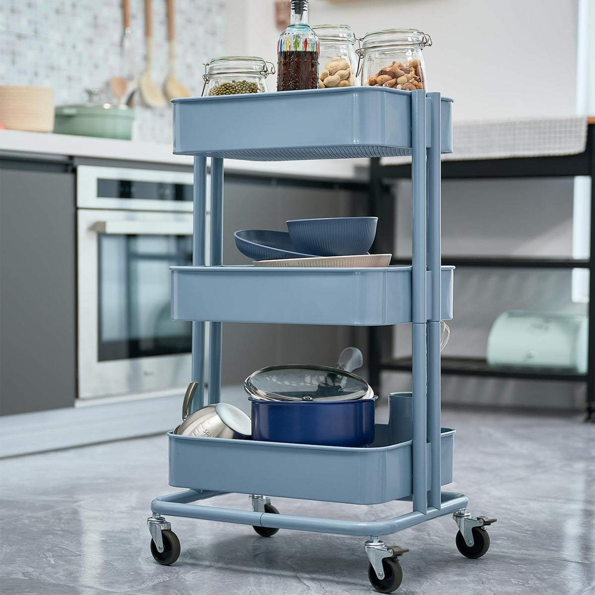 CARTTECH 3 Tier Rolling Cart Metal Heavy Duty Utility Cart with Silent Caster Lockable Wheels Multi-Functional Organization Carts Storage Trolley with Mesh Shelves for Office Kitchen Living Room Blue