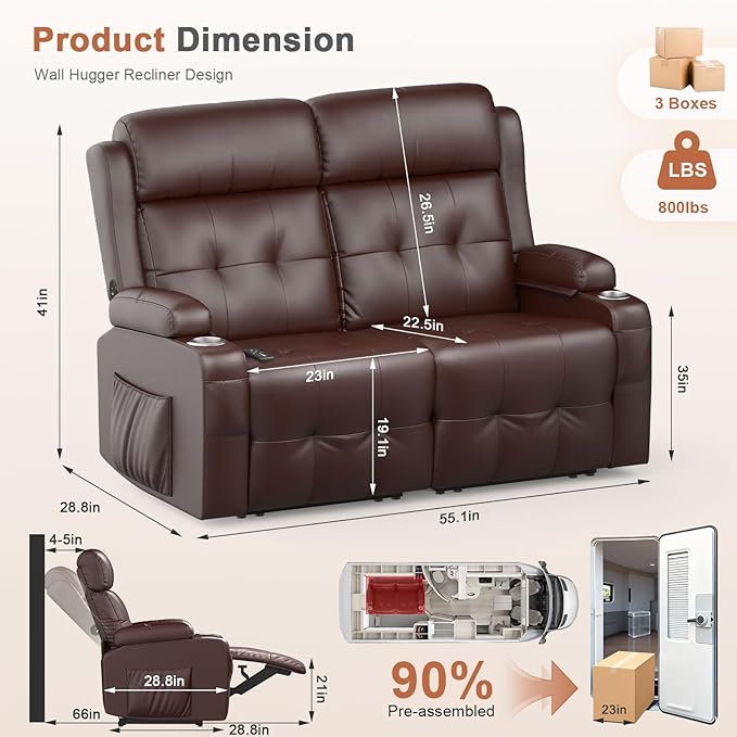 RV Loveseat Recliner Sofa, Wall Hugger Massage Reclining RV Couch