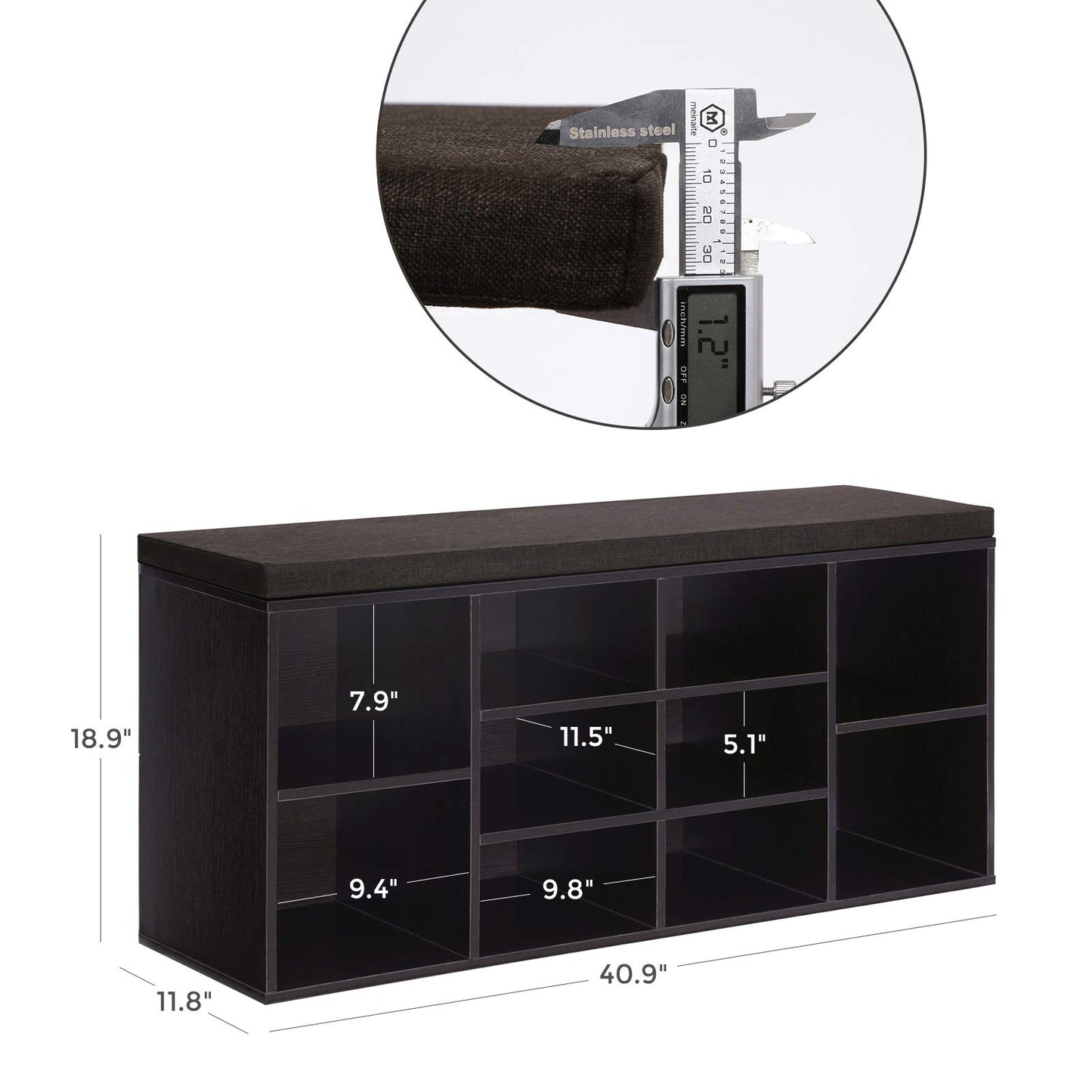 VASAGLE CUSTOS Collection - Shoe Bench, Storage Bench with Padded Seat, Entryway Bench with 10 Compartments, for Bedroom, 11.8 x 40.9 x 18.9 Inches, Espresso Brown and Chestnut Brown ULHS10BR