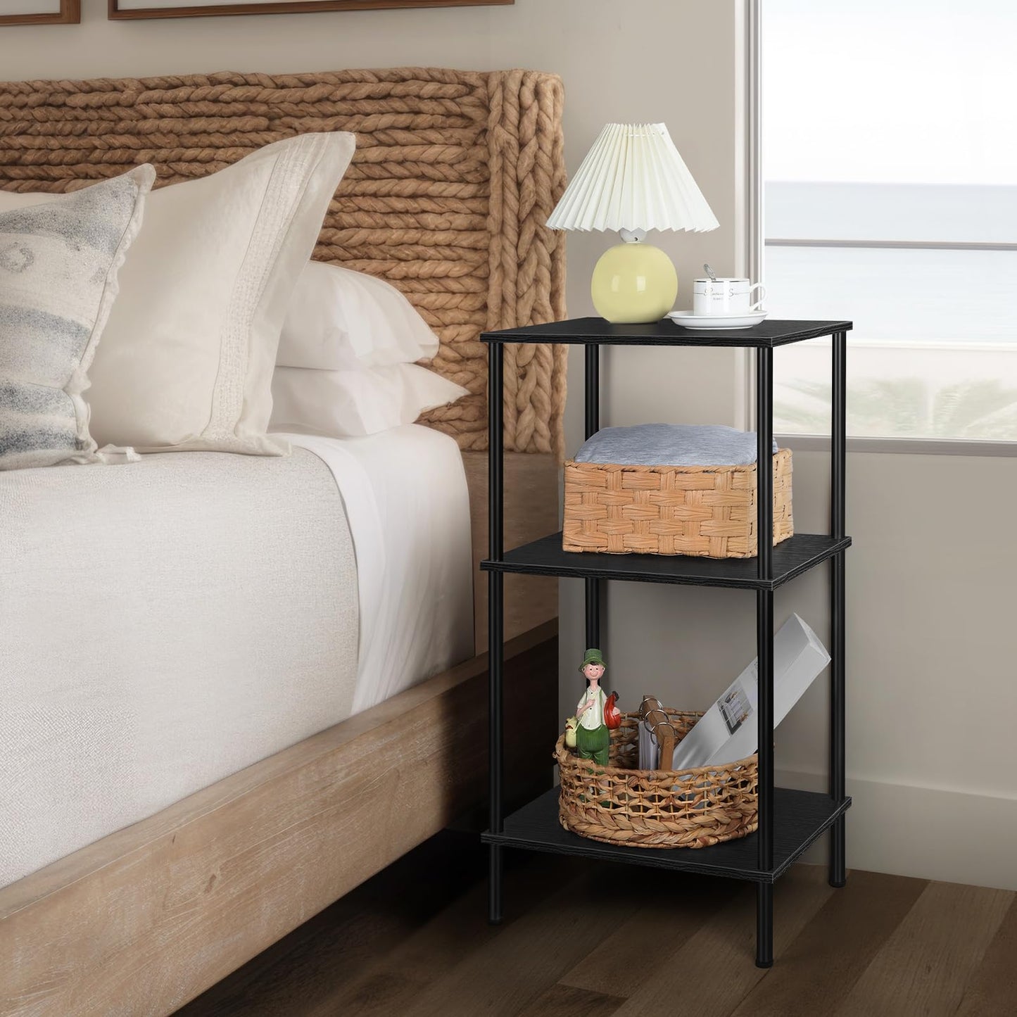 ETELI Tall Side Table with Storage 3 Tier Black End Table Metal Storage Shelves for Living Room Bedroom Bathroom Small Slim Table for Office