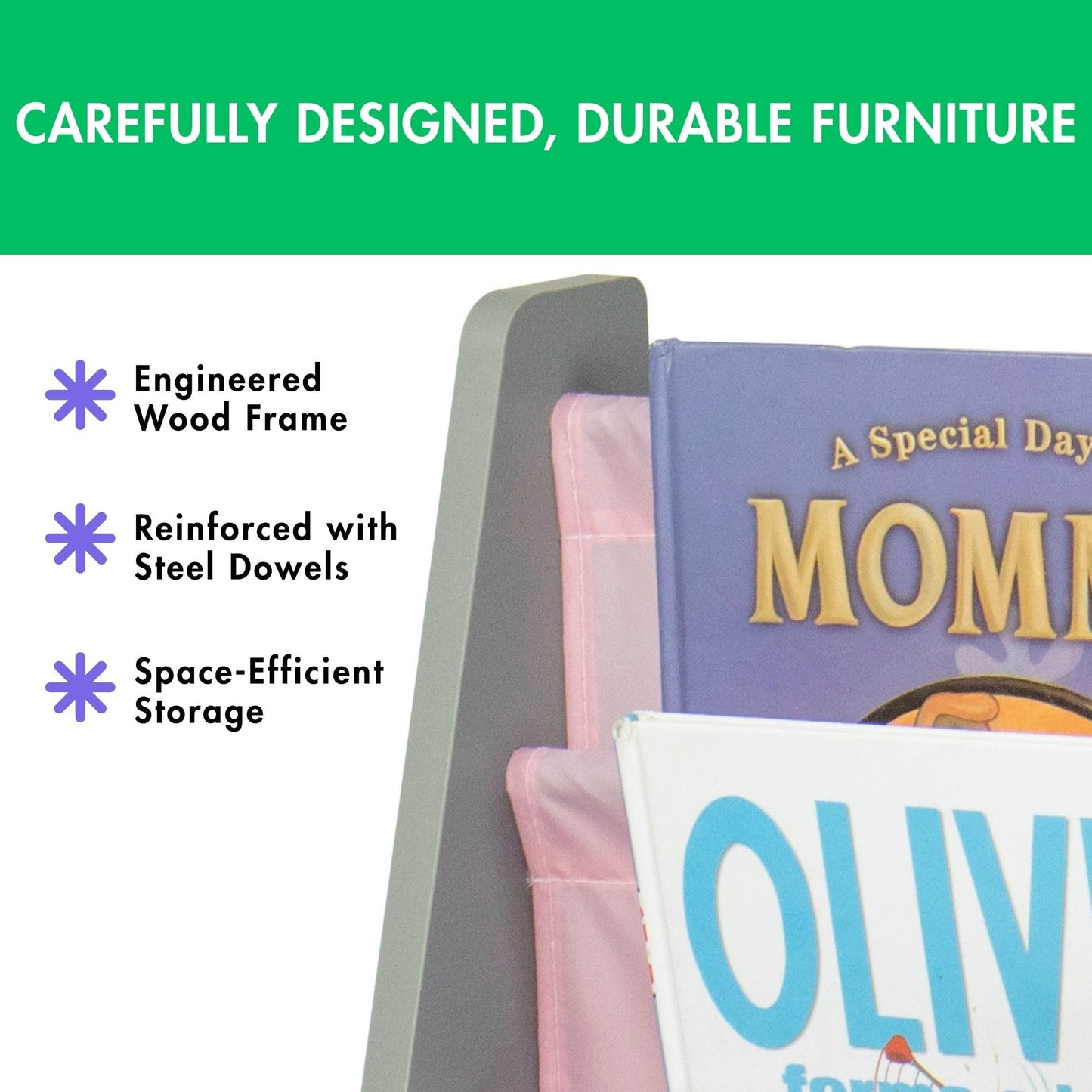Humble Crew Kids Bookshelf, 4-Tier Front-Facing Book Display Organizer, Montessori Toddler Bookcase for Playroom, Bedroom & Reading Corner, Grey Wood/Pink