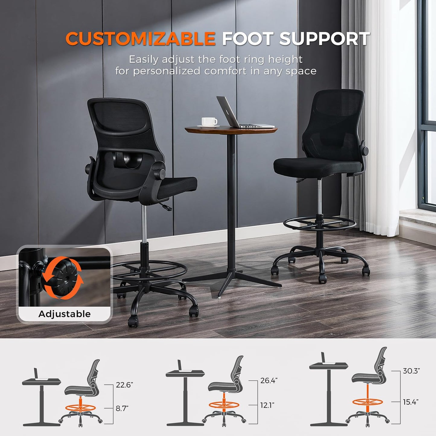 Drafting Chair Armless, Tall Office Chair with Adjustable Foot Ring and Lumbar Support, Ergonomic Mesh High Desk Chair for Standing Desk, Black