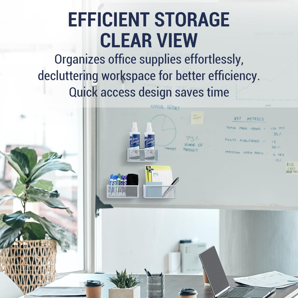 MyGift White Wire Mesh Magnetic Storage Baskets, Whiteboard Accessories, Classroom and Office Supply Organizer, Set of 3