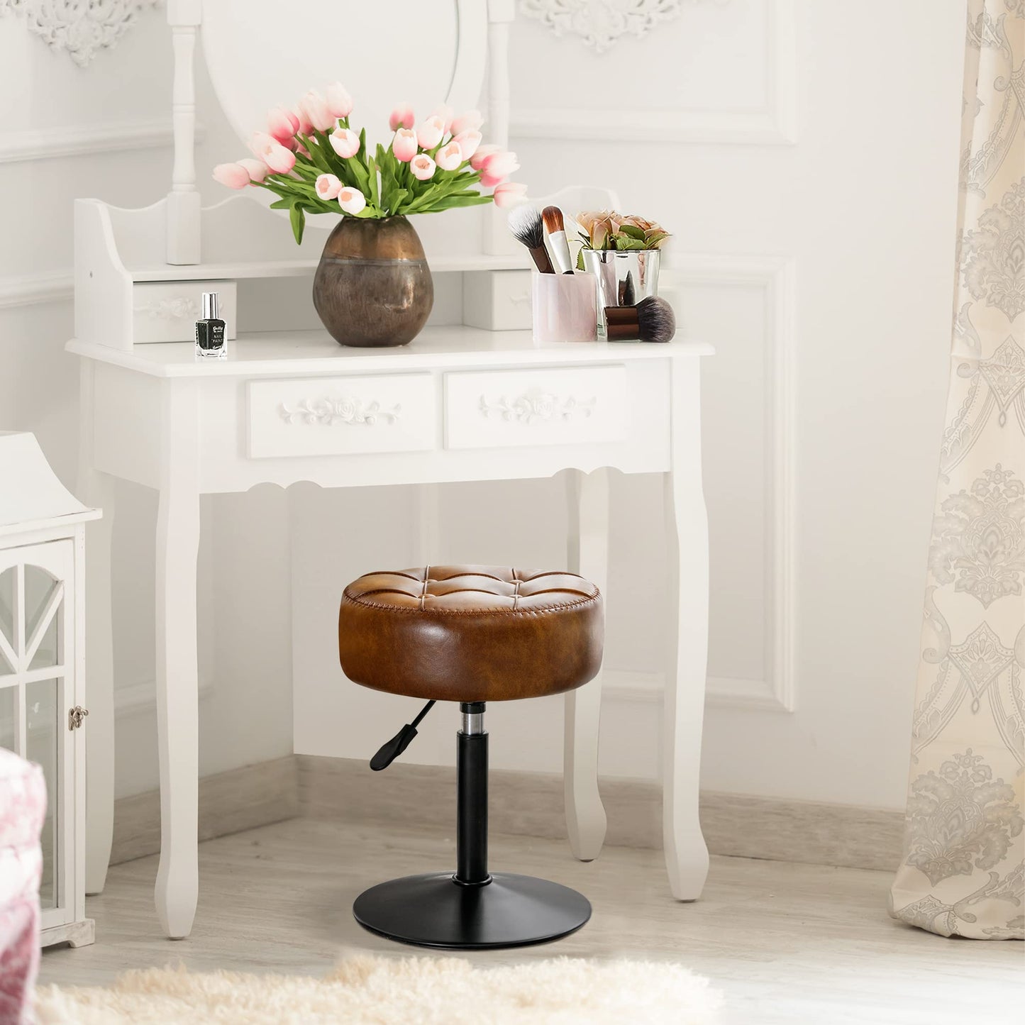 LUE BONA Adjustable Vanity Stool, 360°Swivel Vanity Chair for Makeup Room, Brown Stool Chair for Vanity, Small Faux Leather Vanity Stools for Bathroom, Living Room