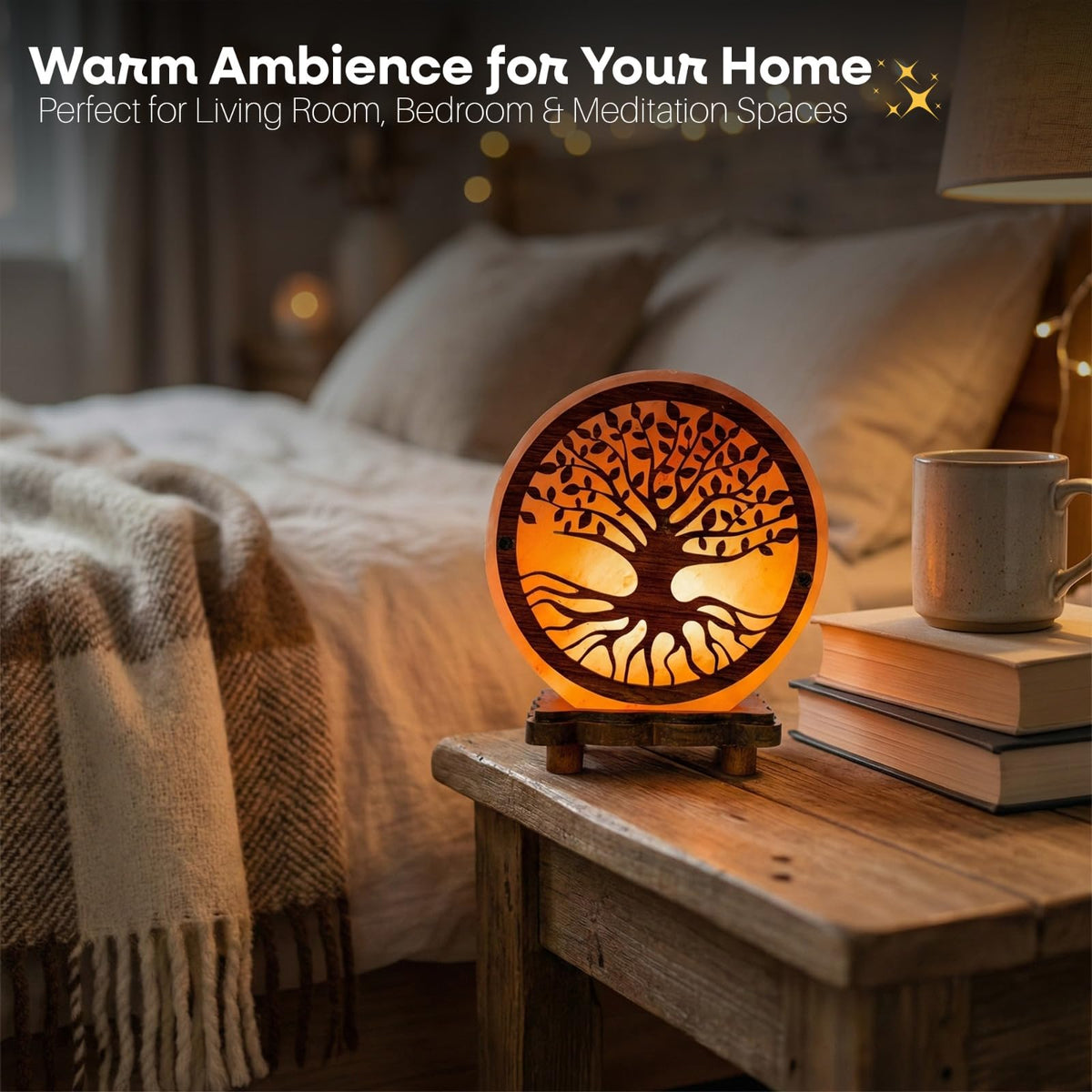 SAF Naturals Himalayan Pink Salt Lamp with Tree of Life Design 6 Inch Hand-Carved, Wooden Base, for Home Decor, Meditation & Gifts