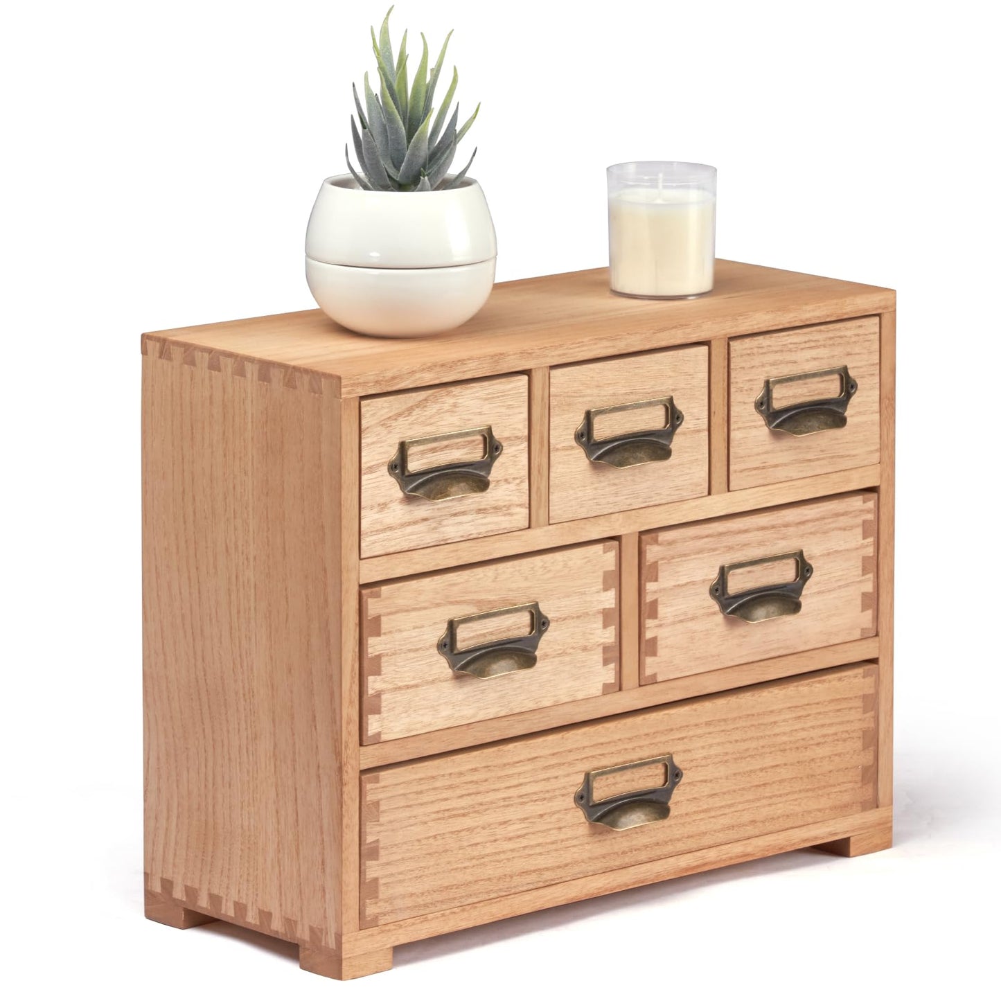 KIRIGEN Wood Desk Drawer Cabinet Organizer, 6-Drawer Mini Storage Chest with Metal Label Holder Handles, Fully Assembled Desktop Organizer for Office Supplies, Crafts, Makeup, Natural 3D6CG-NA