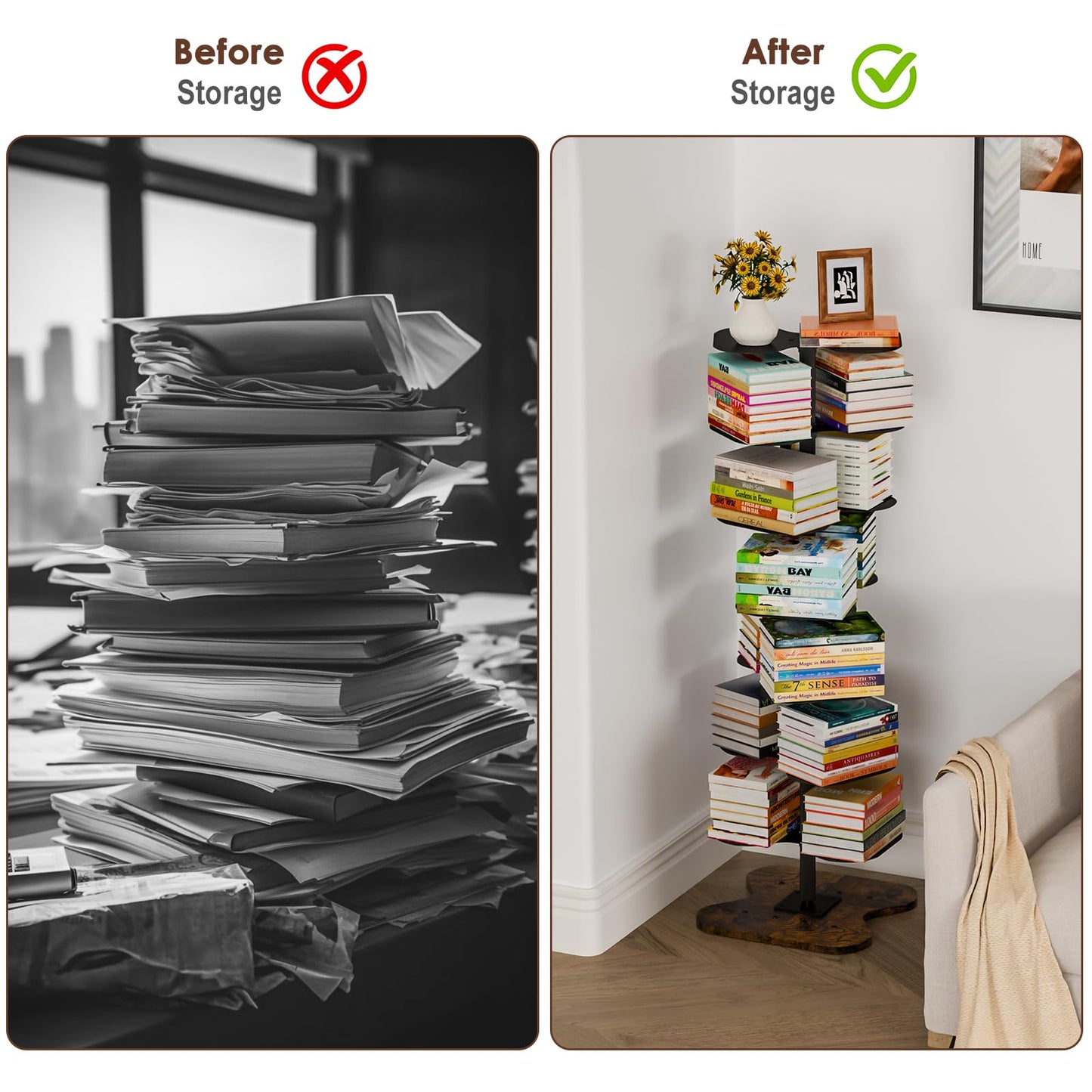 Cidaziya 7 Tier Rotating Bookshelf, 360° Display Spinning Bookcase, Metal Corner Bookcases Storage Rack, Tall Floor Standing Revolving Bookshelves Narrow Book Shelf Organizer for Home Office, Black
